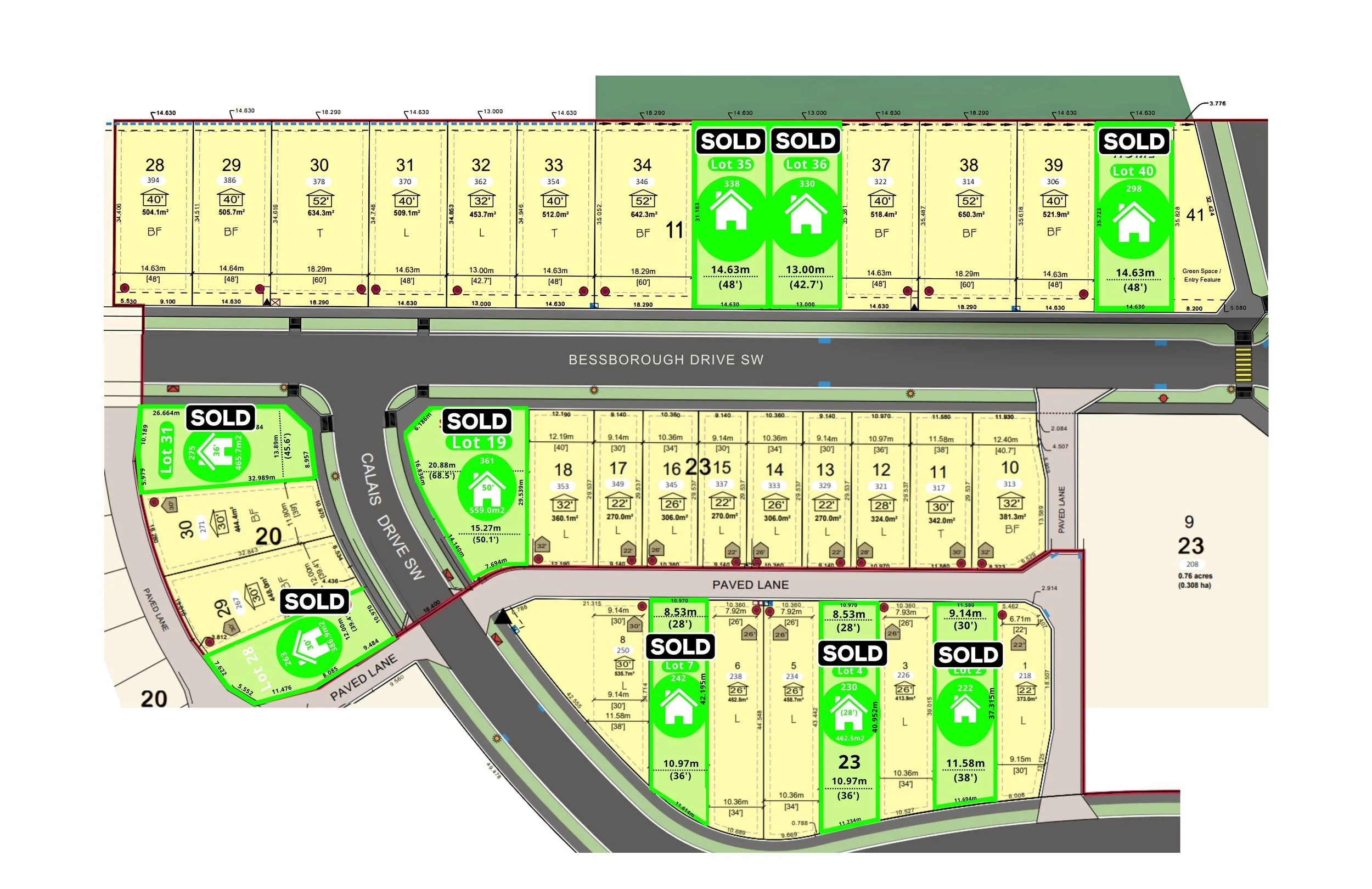 A detailed site plan map showing numbered lot divisions, marked as sold or available, with measurements and labels for a housing development project, including roads, green spaces, and entry features.