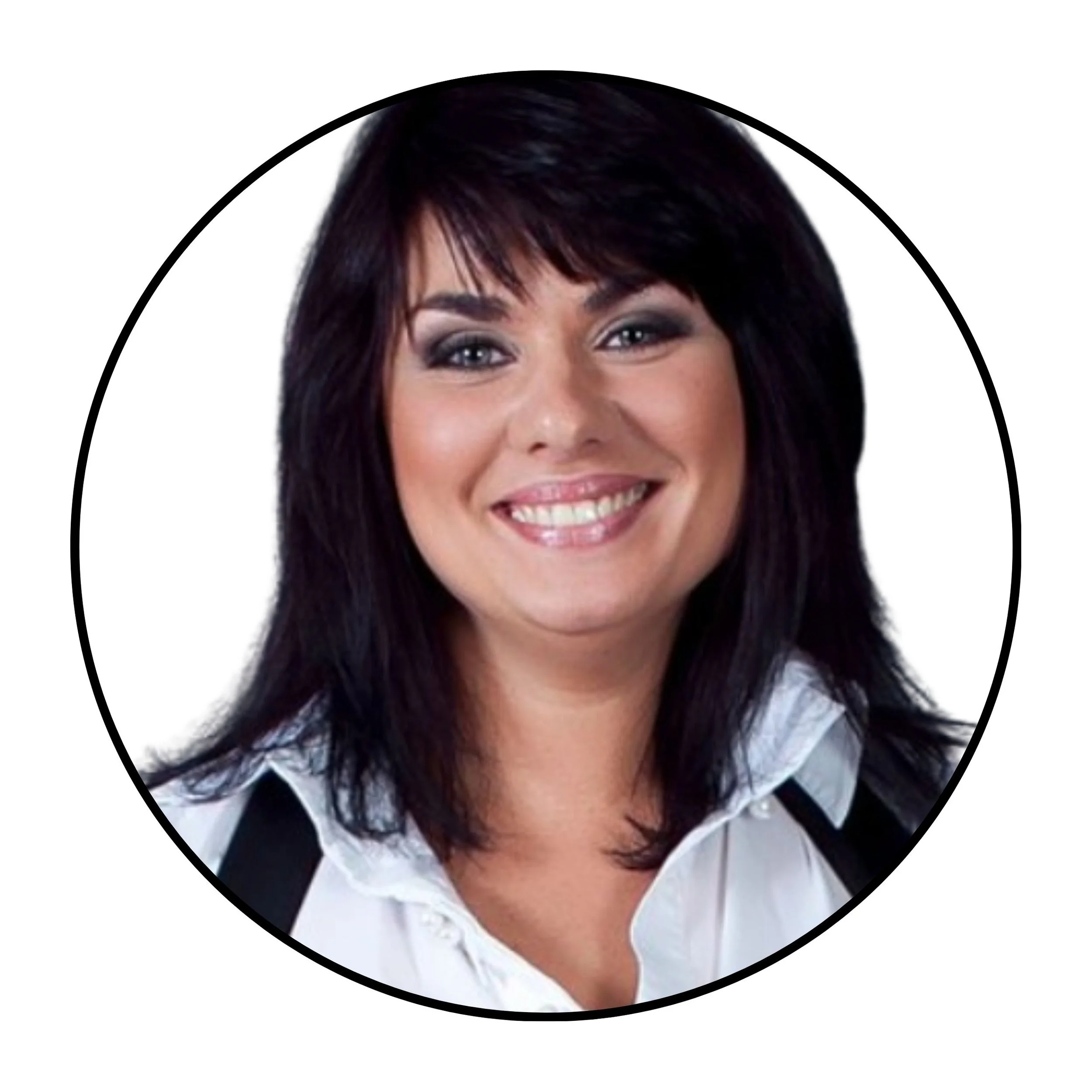 A woman with dark hair and makeup, smiling, photographed from the neck up on a white background.