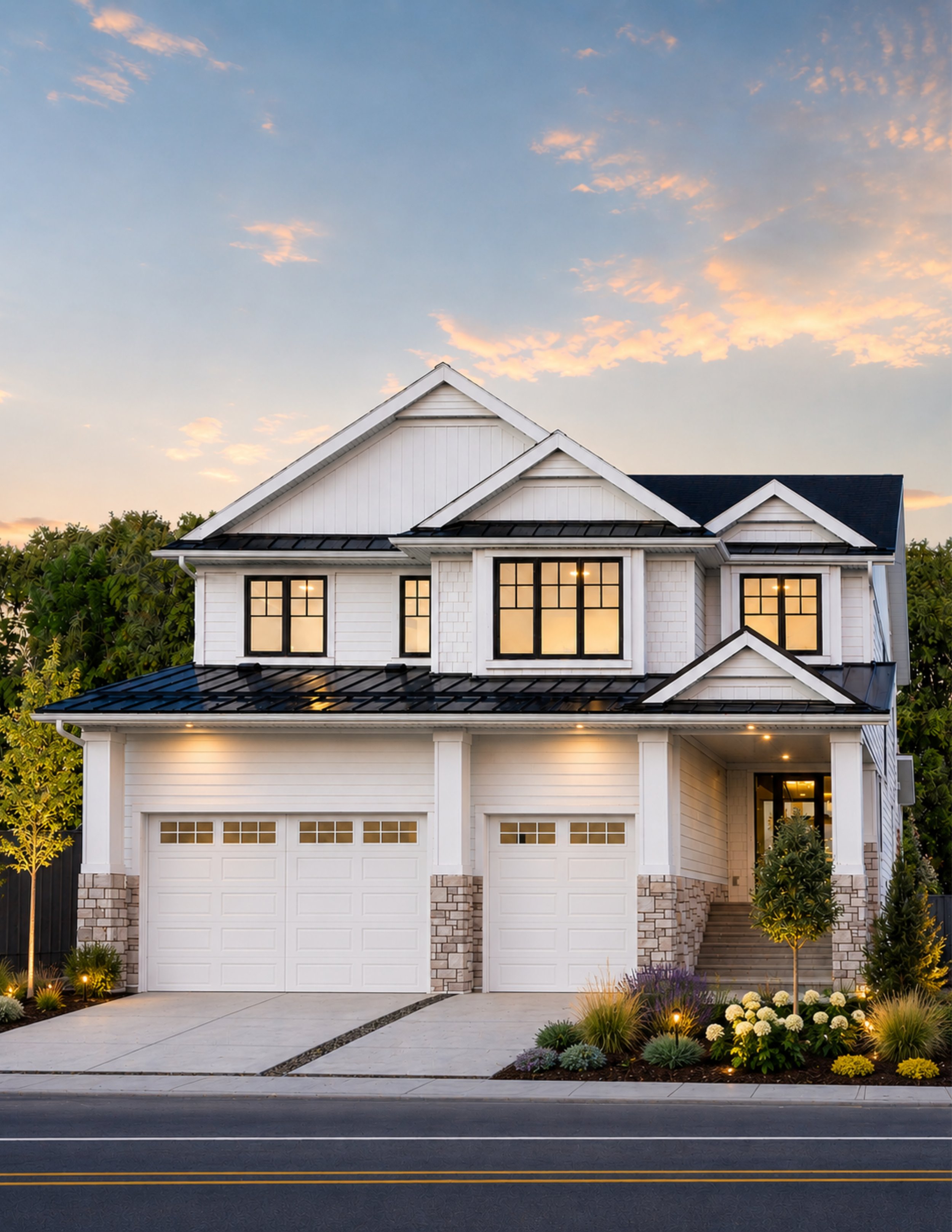 White, two-story modern house with black roof, large front windows, and a two-car garage on a street at dusk, with landscaping and exterior lighting.