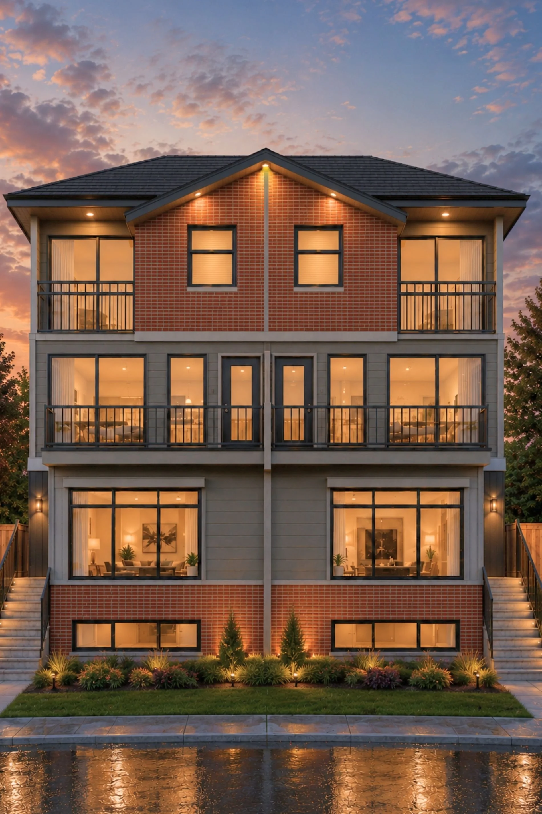 A modern multi-story apartment building at sunset with lit windows, balconies, and landscaped front yard reflected in a pond.