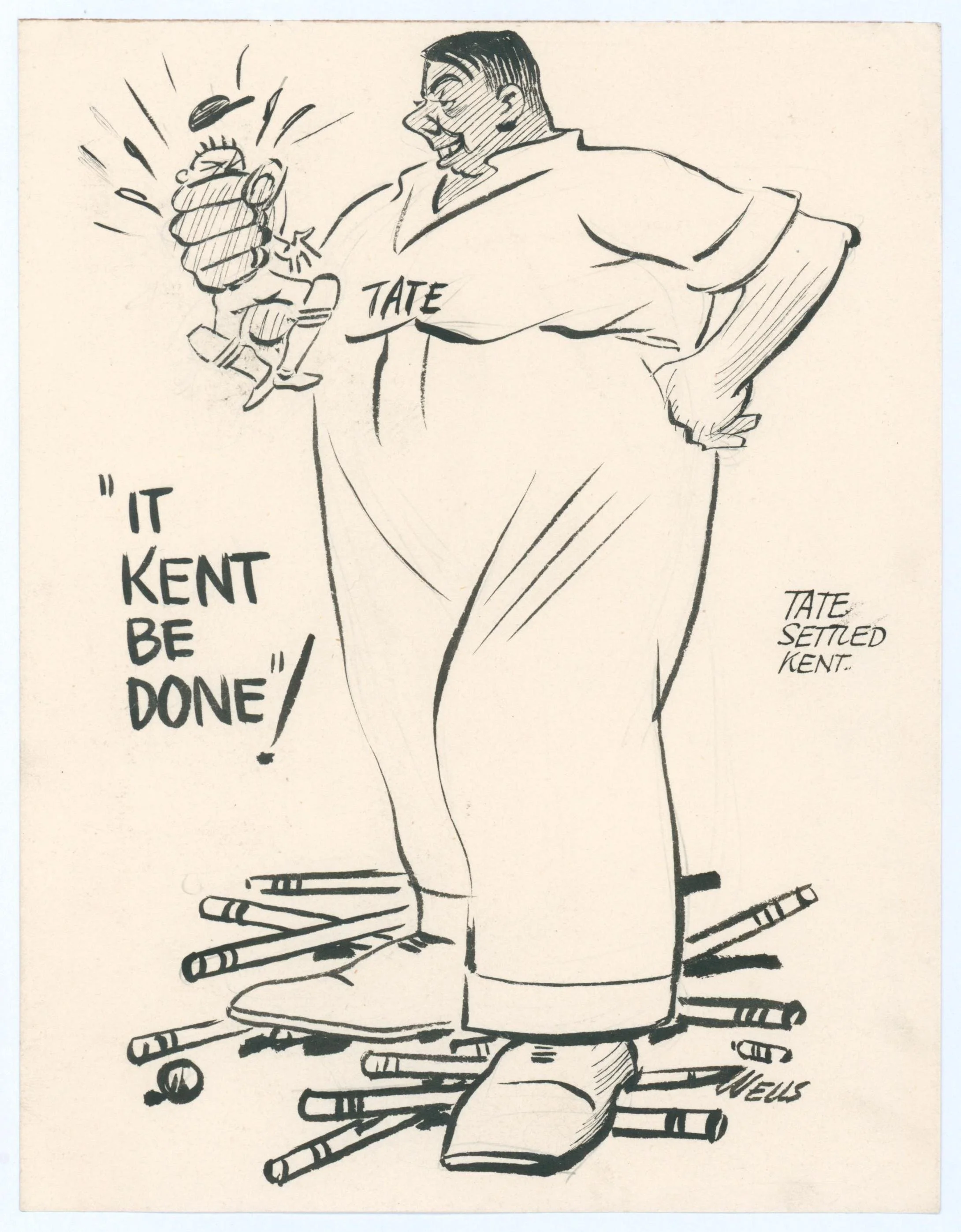Lot 939
Maurice William Tate. Sussex & England 1912-1937. 'It Kent Be Done! Tate settled Kent'. Original pen and ink cartoon by Samuel Wells depicting a large and burly Tate standing on a pile of cricket stumps while squeezing the life out of a dimi