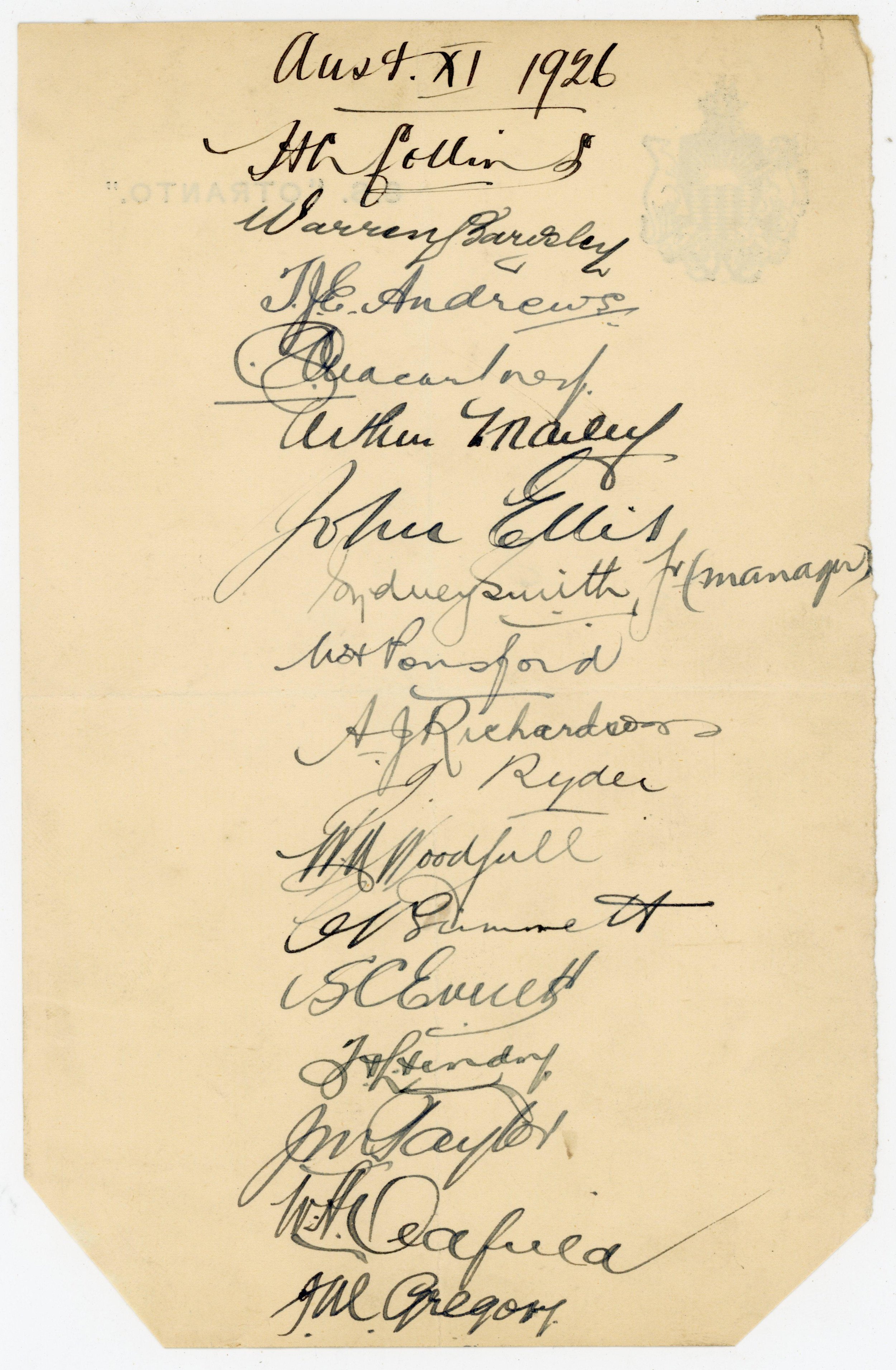 Lot 251.
Australia tour to England 1926. Page beautifully and fully signed in black in ink to the verso of a S.S. Otranto headed page by all seventeen members of the Australian touring party.
Estimate: £250/350
