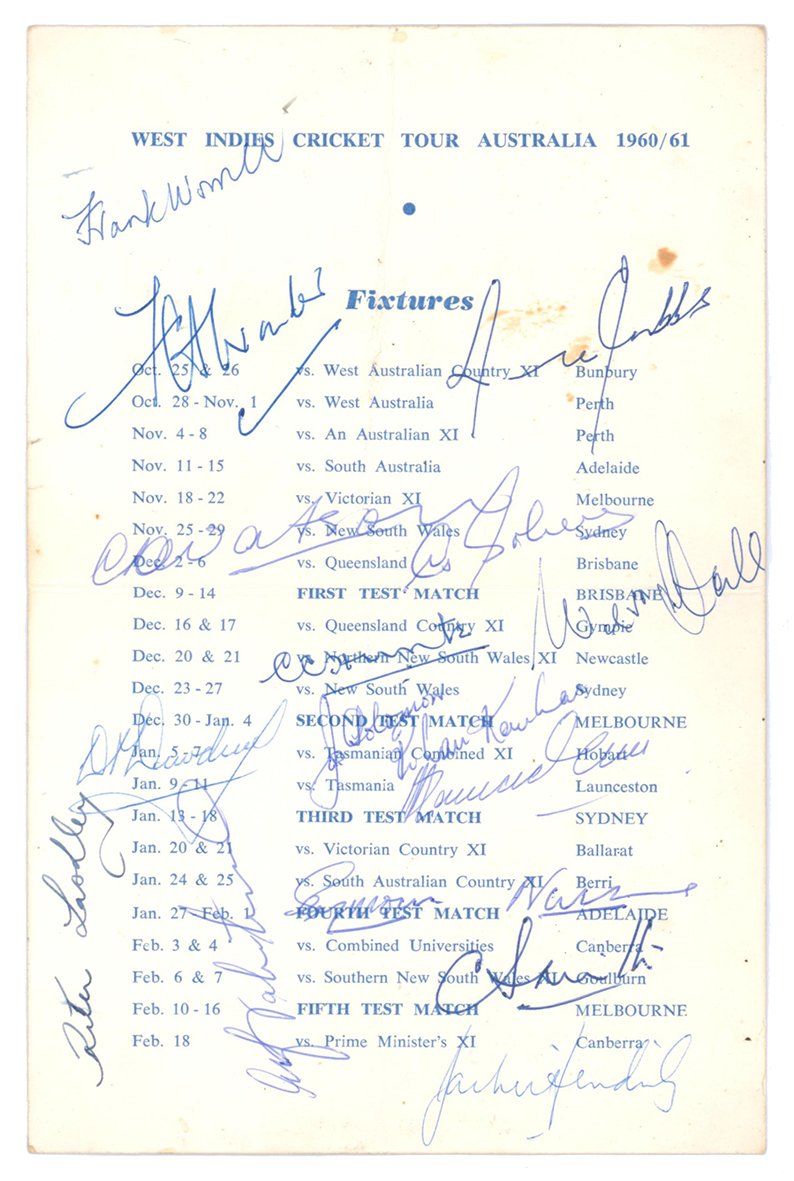 Lot 172

West Indies tour of Australia 1960/61. Trans-Australia Airlines four page folding itinerary for the tour with titles to front cover, tour fixtures to the two inside pages and the touring party is listed to back cover along with T.A.A. Office