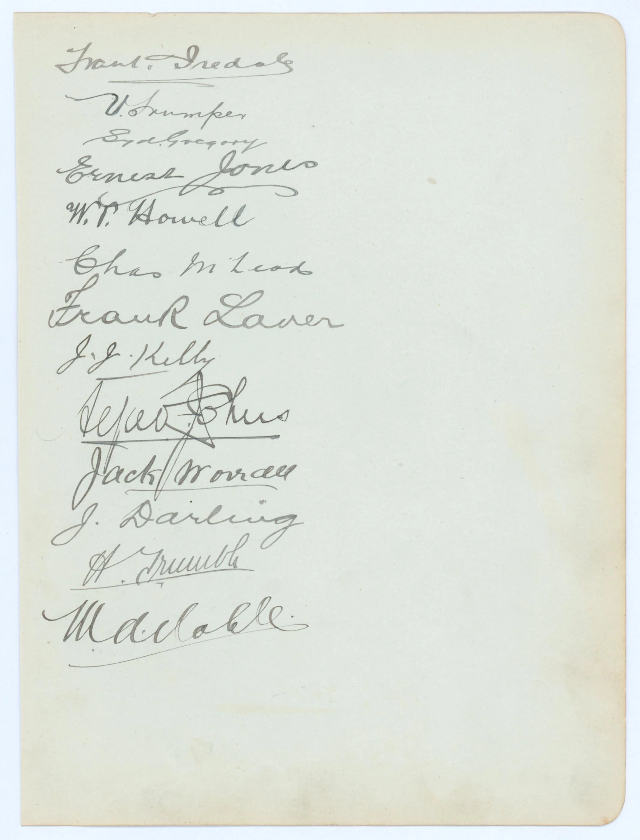Lot 198
Australian tour of England 1899. Large album page very nicely signed in ink by thirteen members of the Australian touring party to England. Signatures are Joe Darling (Cpt), Iredale, Victor Trumper, Gregory, E. Jones, Howell, McLeod, Laver,