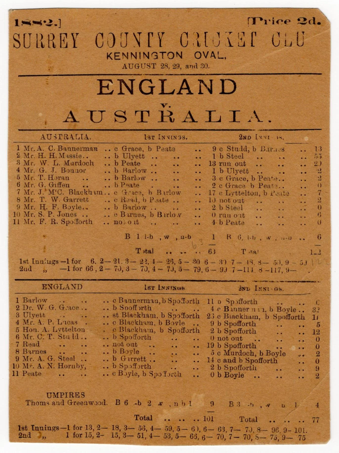 Lot 957
The Ashes. 'England v. Australia' 1882. Early and original double sided official scorecard for the second Test match to be played in England, Kennington Oval, 28th- 30th August 1882. The scorecard with complete printed scores. A very rare Te