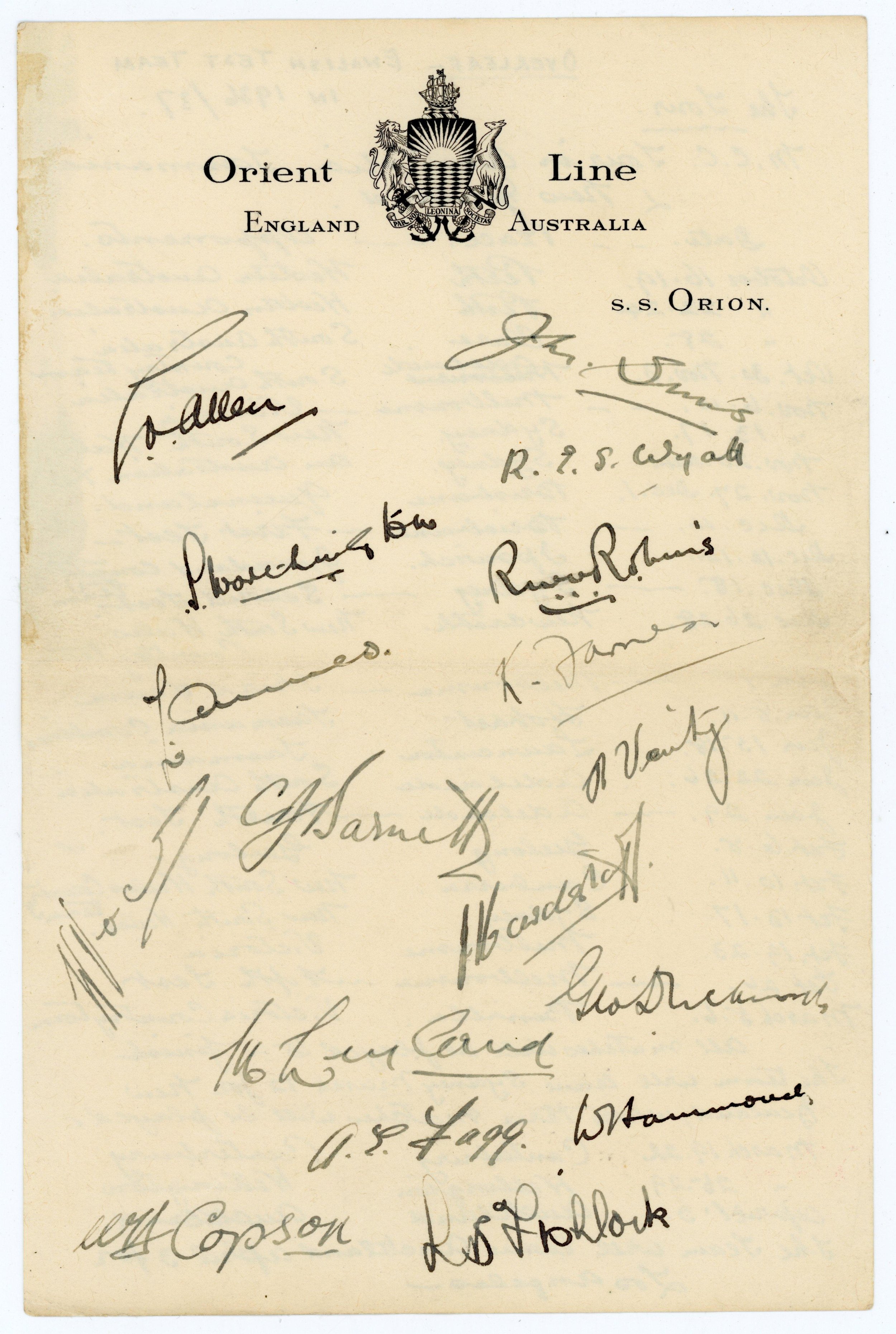 Lot 169.
M.C.C. tour of Australia & New Zealand 1936/37. Official 'Orient Line. England-Australia S.S. Orion' headed paper nicely signed in ink by all seventeen members of the touring party. A rare sheet
Estimate: £250/350