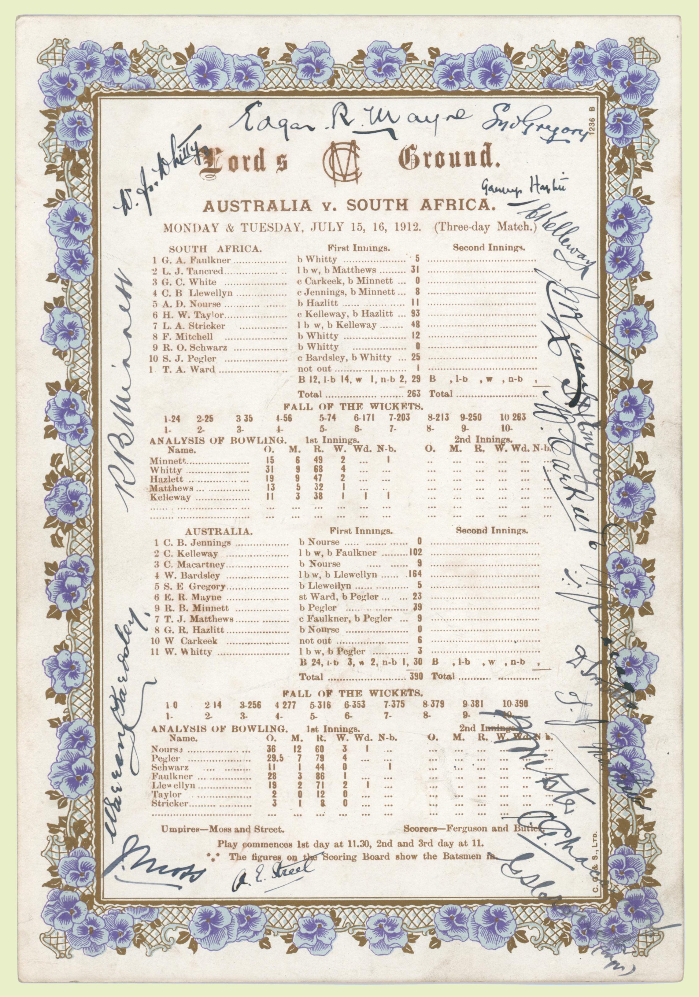 Lot 903

Australia v South Africa. Triangular Test Tournament, Lord's 1912. Rare original and highly decorative commemorative scorecard printed in gold ink with decorative blue and gold floral borders. The scorecard with complete printed scores for t