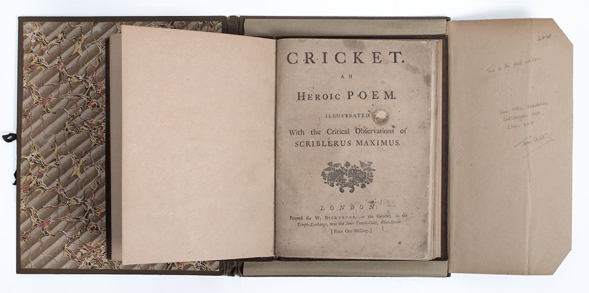 Lot 909

'Cricket. An Heroic Poem. Illustrated. With the critical observations of Scriblerus Maximus'. James Love [Dance]. Published by W. Bickerton 1744. First edition. 25pp. Woodcut title vignette. Bound in full brown suede leather with gilt title 