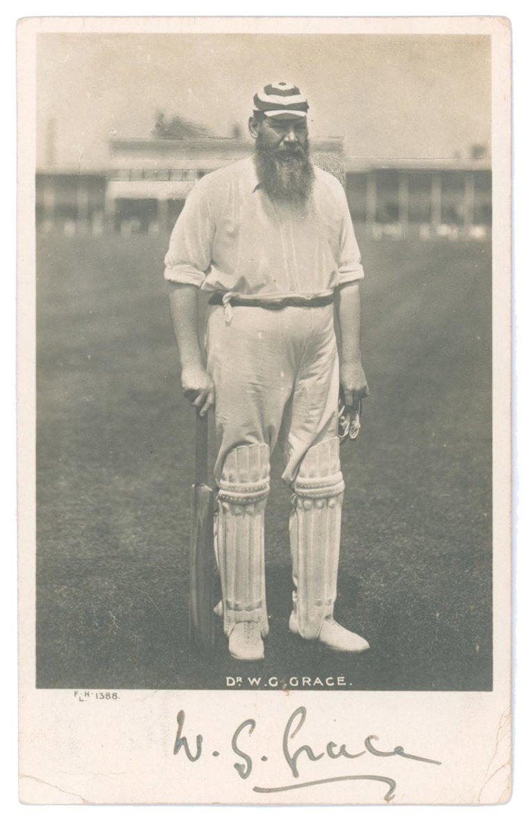Lot 1178

William Gilbert Grace. Gloucestershire & England 1865-1908. Rare and early mono real photograph postcard of Grace standing full length on the outfield at Trent Bridge, wearing batting attire and M.C.C. hooped cap, leaning on his bat. Very n