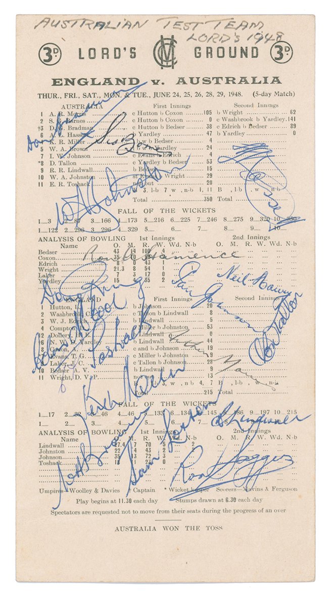 Lot 915

England v  Australia 1948. Official scorecard for the second Test match played at Lord's on 24th-29th June 1948. The scorecard very nicely signed in ink by all seventeen members of the Australian touring party. Signatures are Don Bradman, Ba
