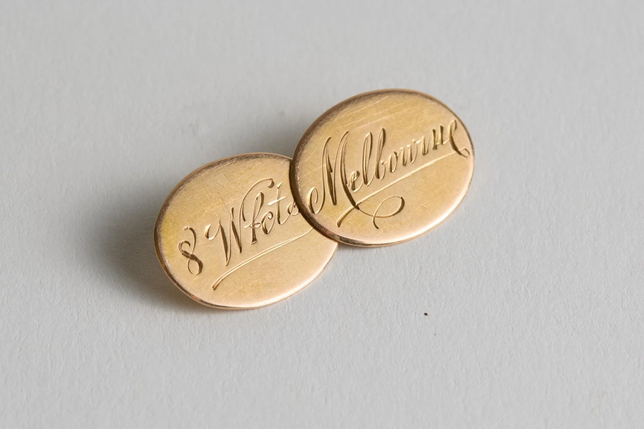 Lot 183
Sydney Francis Barnes, Warwickshire, Lancashire, Staffordshire, England & Wales 1894-1930. M.C.C. tour of Australia 1911-12. Pair of oval hallmarked 15 carat gold cufflinks, presumably, presented to Barnes following his performances for Engl