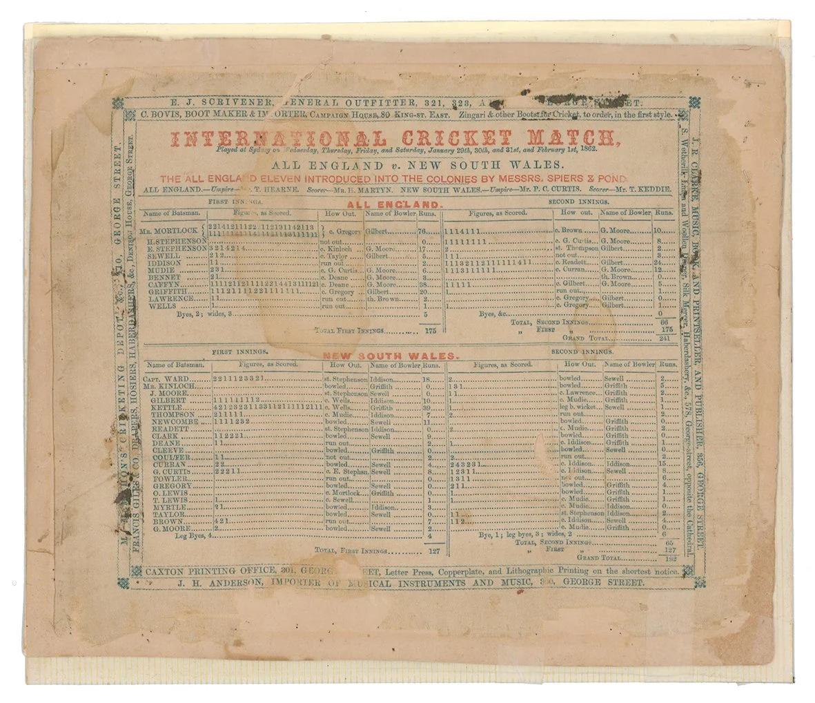 Lot 875

H.H. Stephenson's tour of Australia 1861/62. 'International Cricket Match. New South Wales v All England, played at the Domain, Sydney on Wednesday, Thursday, Friday and Saturday, January 29th, 30th and 31st, and February 1st 1862. The All E