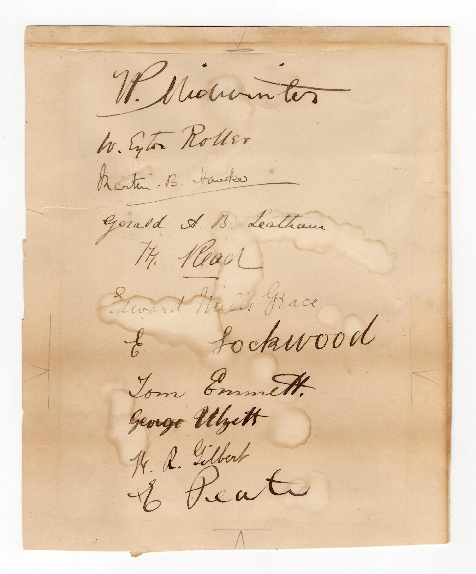 Lot 221
England XI v Australians 1882. Very early large sheet signed in ink by the England XI team who played the Australians at St. George's Park, Harrogate on the 23rd - 26th September 1882. The sheet with the ink signature of
William Evans Midwi