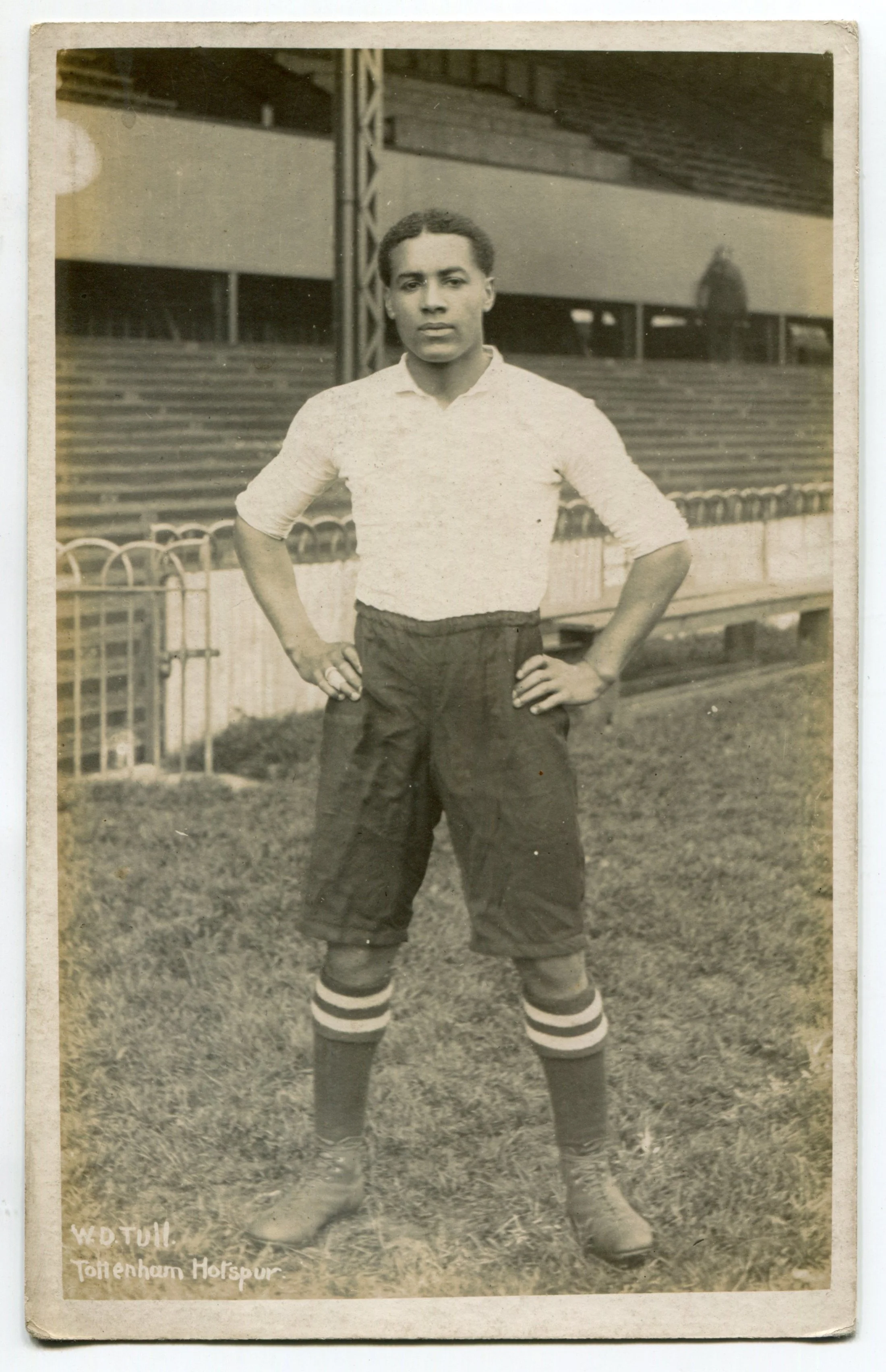 Lot 1406
Walter Daniel John Tull. Tottenham Hotspur 1908-1911. Mono real photograph postcard of Tull, full length in Spurs attire. F.W. Jones of Tottenham. A rare postcard.
Hammer price: £370