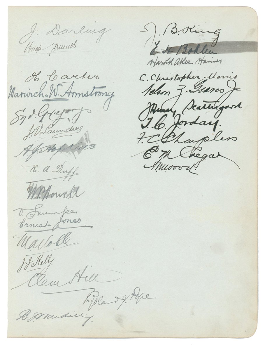 Lot 520

Australia 1902, Gentlemen of Philadelphia 1903, and Surrey 1908. Large album page nicely and fully signed to one side in black ink by all sixteen members of the 1902 Australian touring party to England, and ten of the Gentlemen of Philadelph