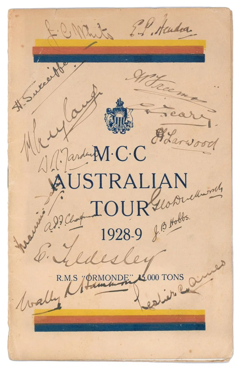 Lot 136

'M.C.C. Australian Tour 1928-9'. Official 'Orient Line, R.M.S. Ormonde' souvenir brochure with decorative covers, M.C.C. colours to front. To inside pages a real mono photograph of the M.C.C. team laid down to the itinerary page, pen picture