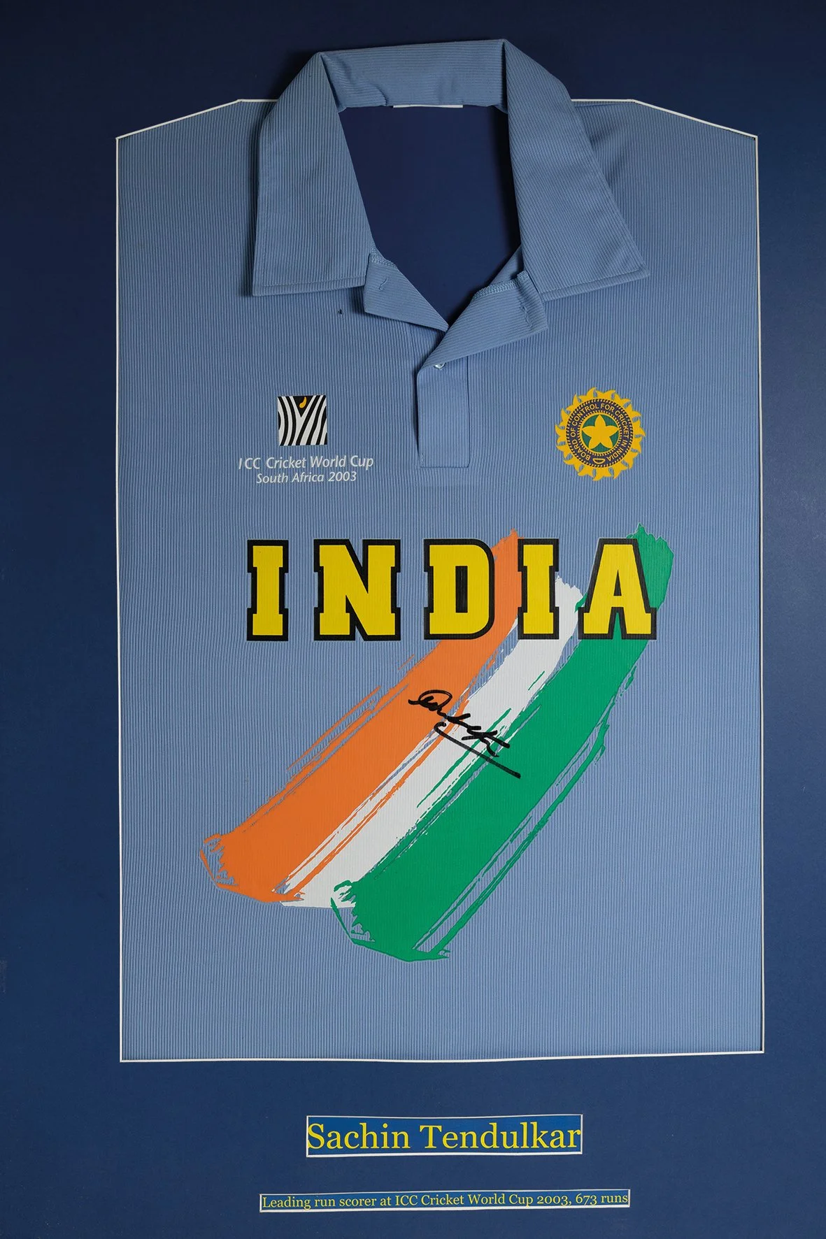 Lot 1060
Sachin Ramesh Tendulkar. Bombay/ Mumbai, Yorkshire & India 1988-2014. Indian replica blue ICC World Cup shirt South Africa 2003 with Indian emblem and World Cup logo to chest. 'INDIA' to centre. Signed by Tendular to chest. The shirt was sig