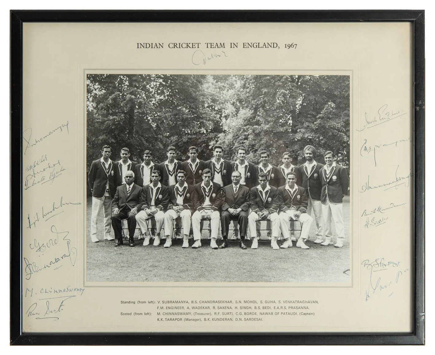 Lot 1025

India tour to England 1967. Official mono photograph of the Indian touring party seated and standing in rows wearing tour blazers. The photograph measures 10"x8", laid to photographer's mount with printed title and players' names to mount b