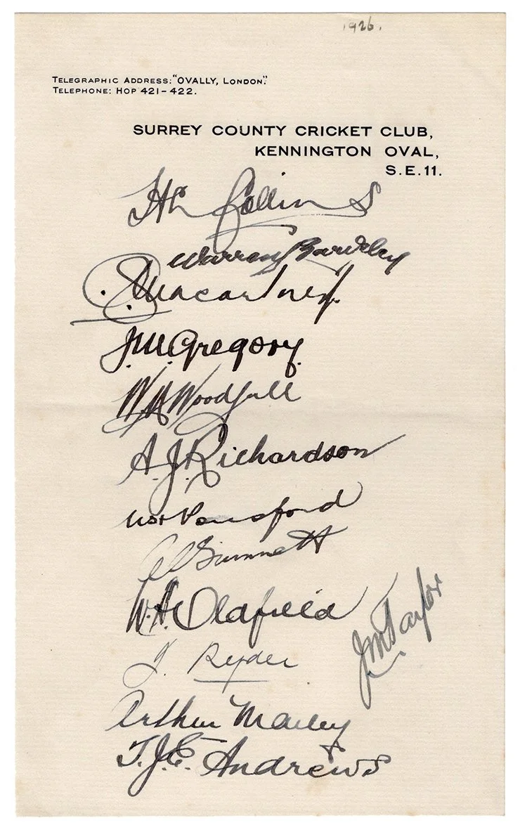 Lot 523

The Ashes. England v Australia 1926. Page on Surrey C.C.C. official letterhead beautifully signed in black ink by thirteen members of the Australian team for the 5th Test at Kennington Oval 14th- 18th August 1926 (timeless Test). Signatures 