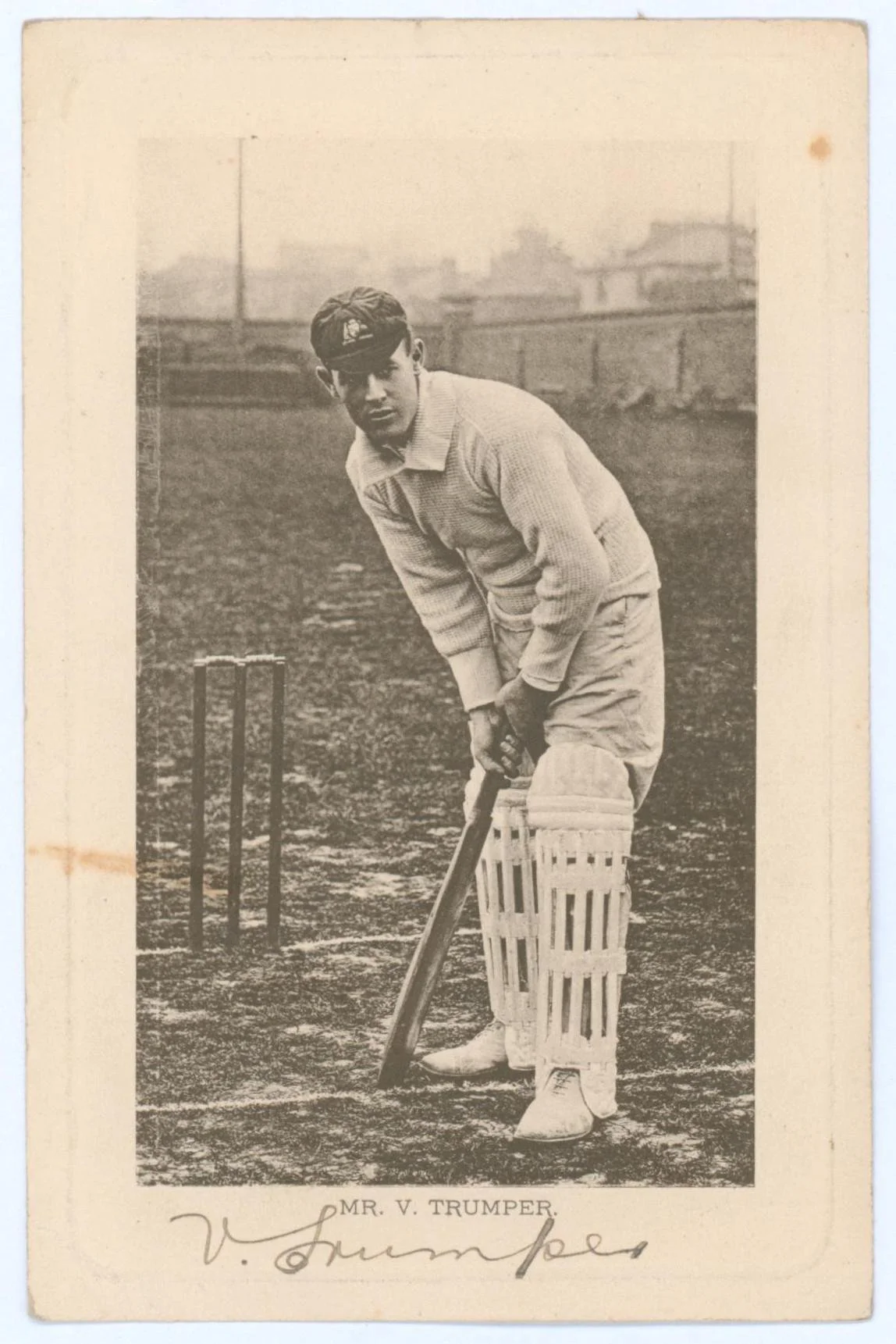 Lot 598
Victor Thomas Trumper. New South Wales & Australia 1894-1914. Early original mono postcard of Trumper in batting pose wearing Australian Test cap. Printed title 'Mr. V. Trumper'. Very nicely signed in black ink to lower margin 'V. Trumper'.