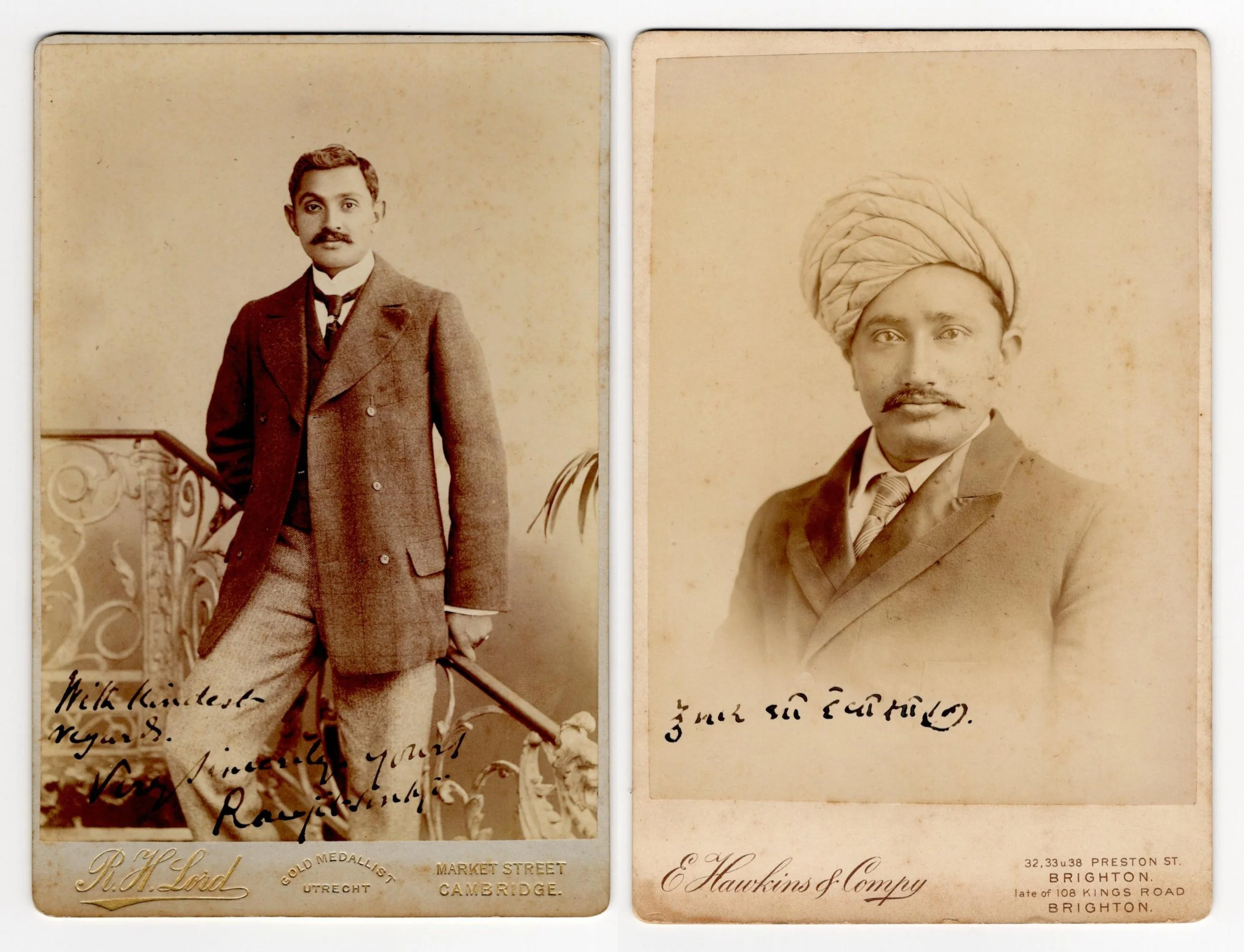 Lot 376
Kumar Shri Ranjitsinhji. Sussex & England. 1895-1920. Excellent sepia cabinet card photograph of Ranjitsinhji, three quarter length, in formal attire holding a cricket bat to side. Cabinet card by R.H. Lord of Cambridge, nicely signed in bla