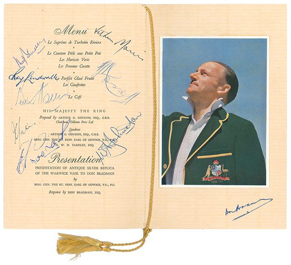 Lot 67
Don Bradman. Official menu for 'A Luncheon and Presentation to Don Bradman'. Savoy Hotel, London. September 20th 1948. Folding menu for the Luncheon given by 'The People' newspaper. The menu with gold tassel, title to front cover and colour '