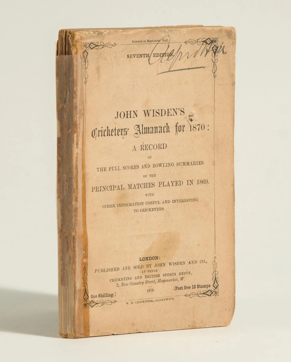 Lot 1414

Wisden Cricketers’ Almanack 1870. 7th edition. Original paper wrappers. The book cocked to the right, wear with loss to rear wrapper, old tape to spine, ink signature to the top border of the front wrapper, minor staining to the wrappers ot