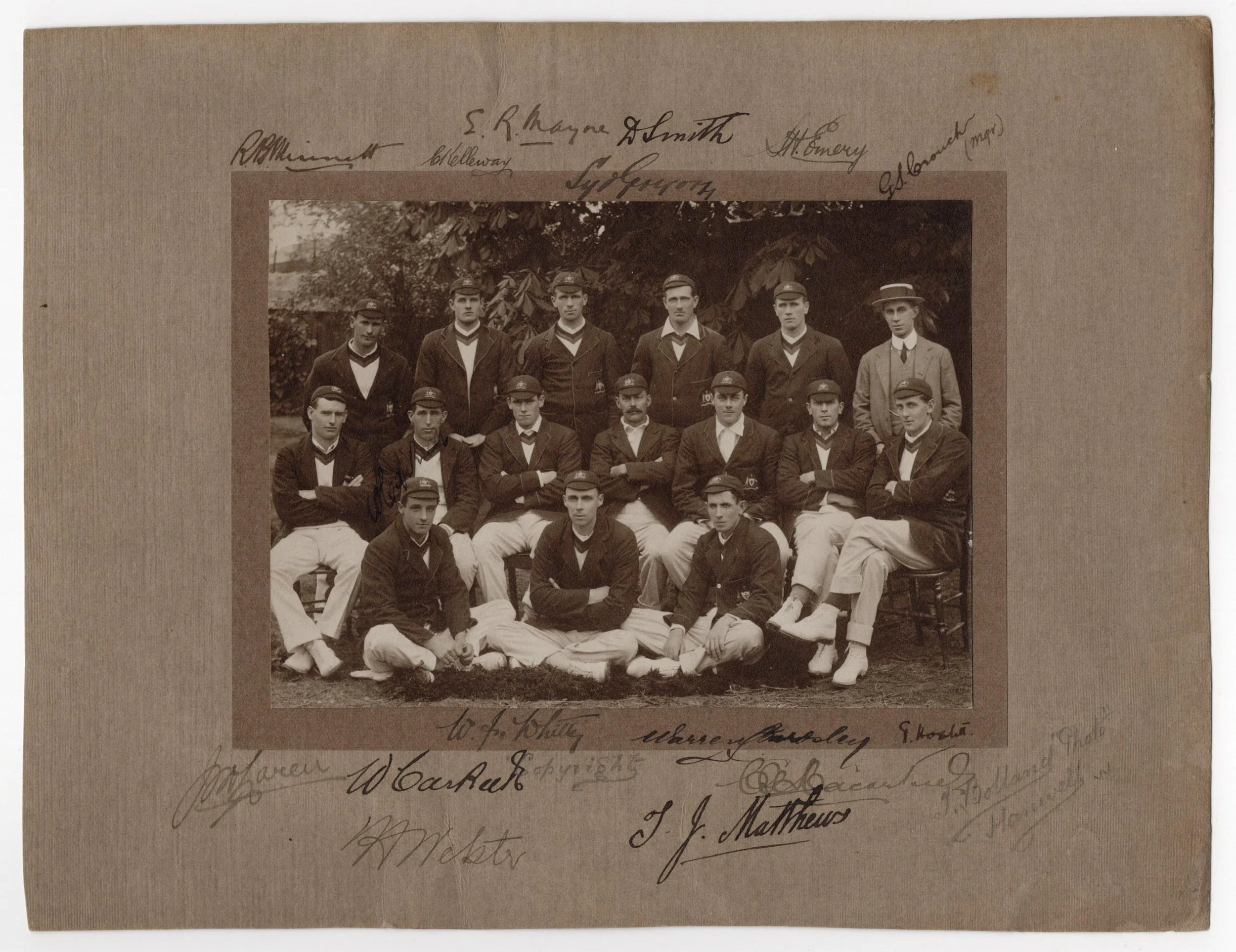 Lot 507
Australian tour of England 'Triangular Test Tournament' 1912. Excellent fully signed sepia photograph of the Australian touring party 1912. The photograph, by Thomas Bolland, laid down to official photographers mount and is signed by all fif