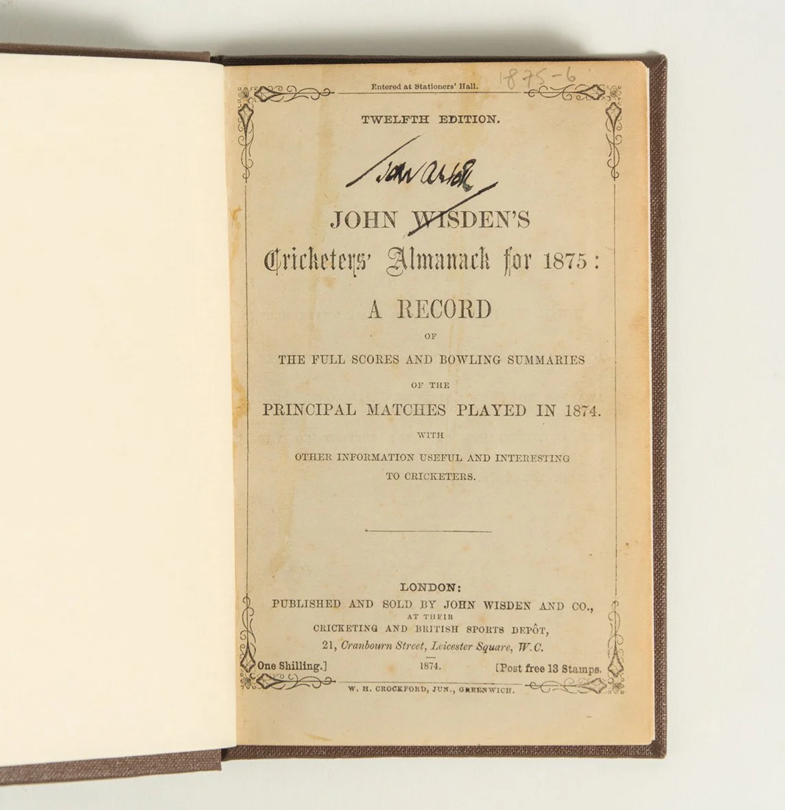Lot 1418

Wisden Cricketers' Almanack 1875. 12th edition. 1874. 212pp. Second issue.  Bound in dark brown boards, lacking original paper wrappers, with title and date in gilt lettering to spine. This book is from the library of John Arlott, cricket a