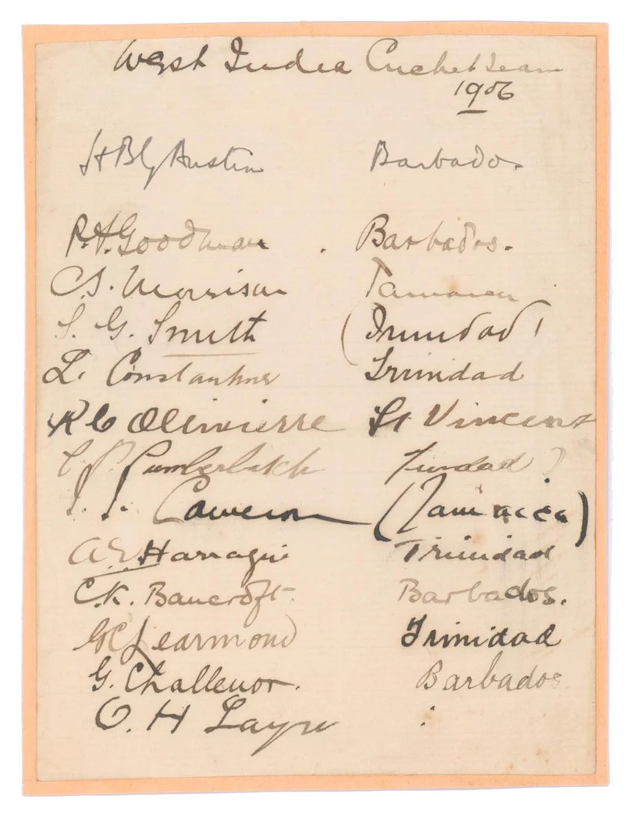 Lot 155

West Indies tour of England 1906. Paper page, laid down to card, with handwritten title to the top of the page 'West Indies Cricket Team 1906' and nicely signed by thirteen members of the touring party in ink, each player has indicated the i