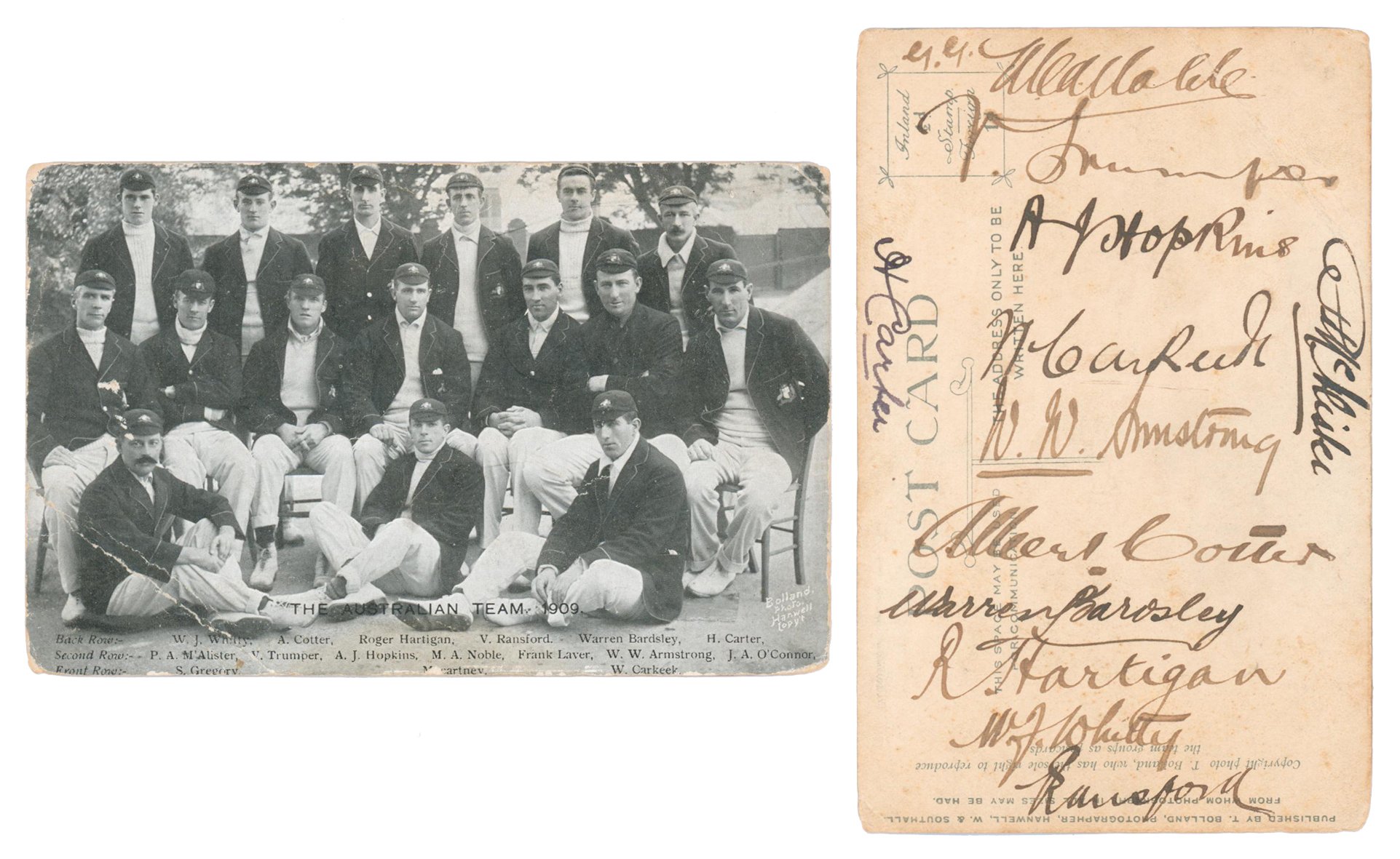 Lot 809

Australia tour to England 1909. 'The Australian Team 1909'. Early mono postcard of the Australian touring party seated and standing in rows wearing tour blazers and caps. Printed title and players' names to lower edge. Nicely signed in ink t