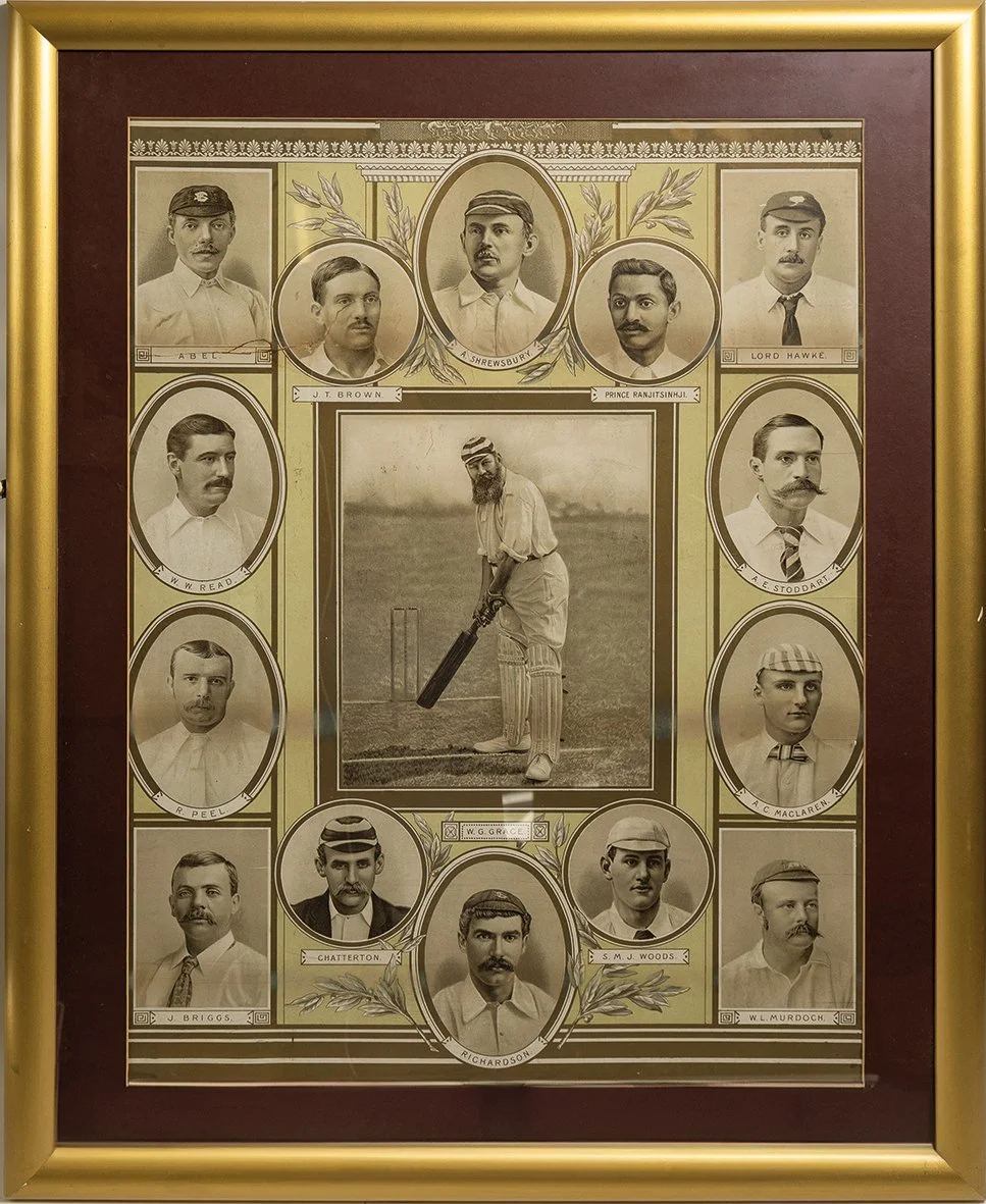 Lot 472

'Famous Cricketers' circa 1890. Very large and beautifully presented colour lithograph featuring W.G. Grace to centre, full length at the crease, wearing M.C.C. cap, surrounding Grace are the cameo images of R. Abel, J.T. Brown, A. Shrewsbur