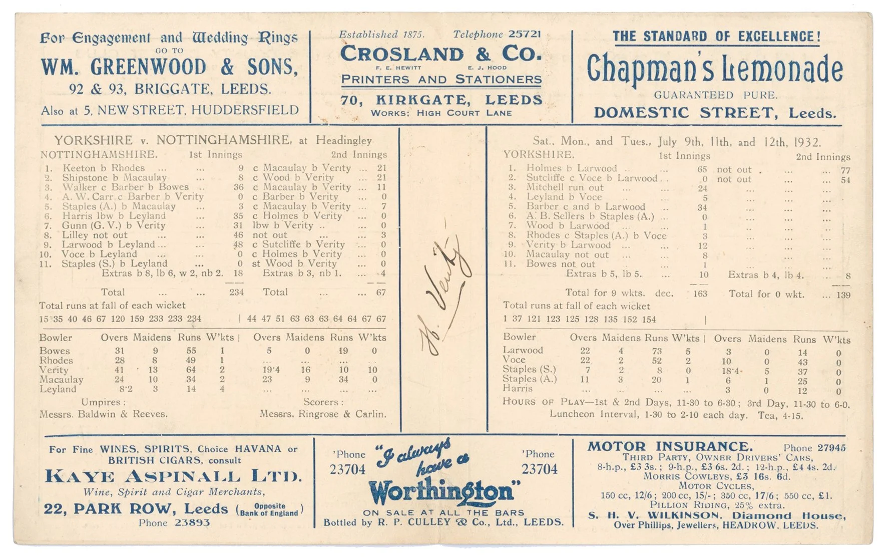 Lot 766

Hedley Verity. Yorkshire & England 1930-1939. 'Ten wickets for 10 runs. Yorkshire v Nottinghamshire, 9th- 12th July 1932'. Original scorecard for the famous match played at Headingley where Hedley Verity took 10-10 runs for Yorkshire in Nott