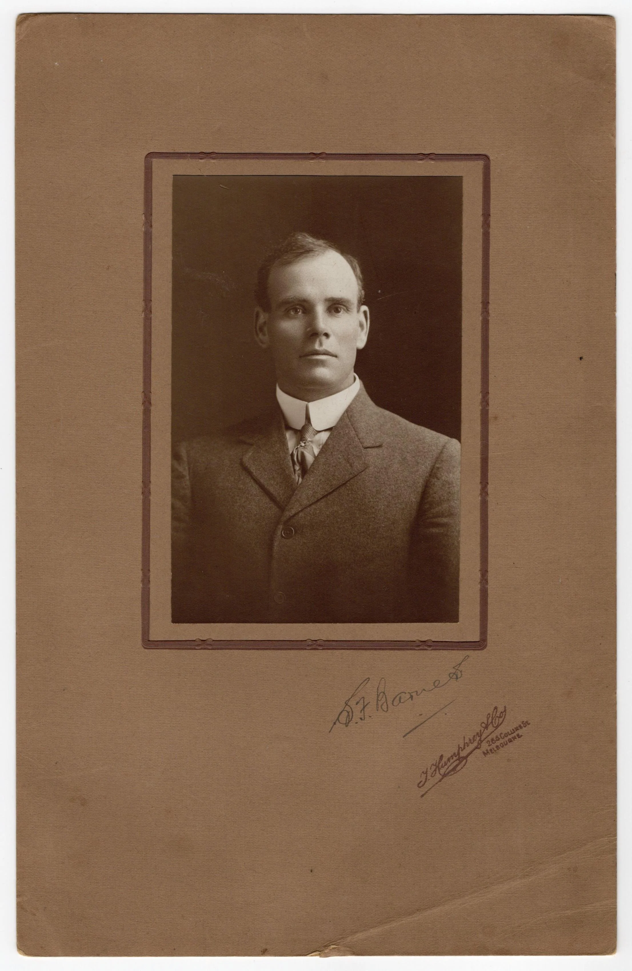 Lot 184
Sydney Francis Barnes, Warwickshire, Lancashire, Staffordshire, England & Wales 1894-1930. Exquisite studio portrait of Barnes taken on the M.C.C. 1911/12 tour of Australia. Barnes is pictured wearing suit and tie. The photograph, laid down