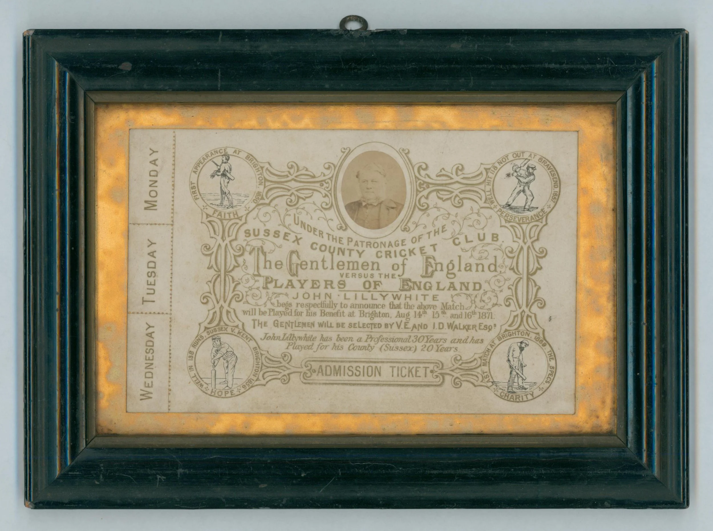 Lot 14
John Lillywhite. Sussex & Middlesex 1850-1869. Lillywhite's Benefit 1871. Original ornate admission ticket for the match played 'Under the Patronage of the Sussex County Cricket Club. The Gentlemen of England versus the Players of England. Jo
