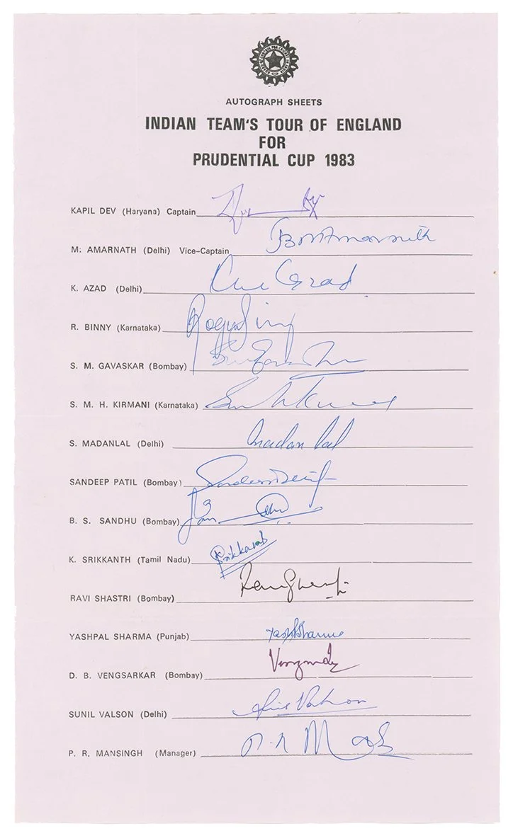 Lot 272

'Indian Team's tour of England for Prudential World Cup 1983'. Large official autograph sheet with printed title and players' names, nicely and fully signed in ink by all fifteen listed members of the touring party. Signatures are Kapil Dev 