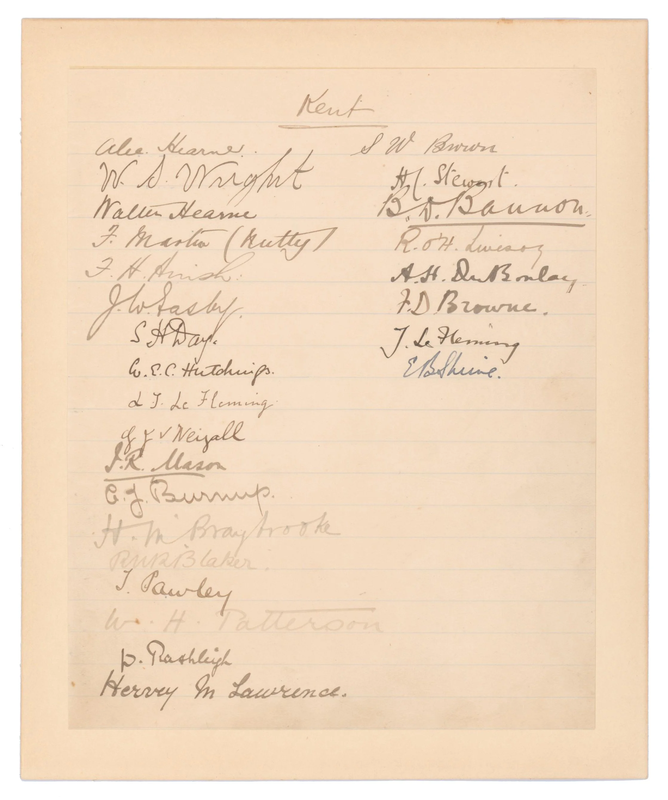 Lot 355

Kent C.C.C. circa 1899. A very rare lined page beautifully signed in black ink by twenty six Kent players. The page headed Kent and signed in two vertical rows. The signatures include A. Hearne, W.D. Wright, W. Hearne, F. Martin, F.H. Huish,