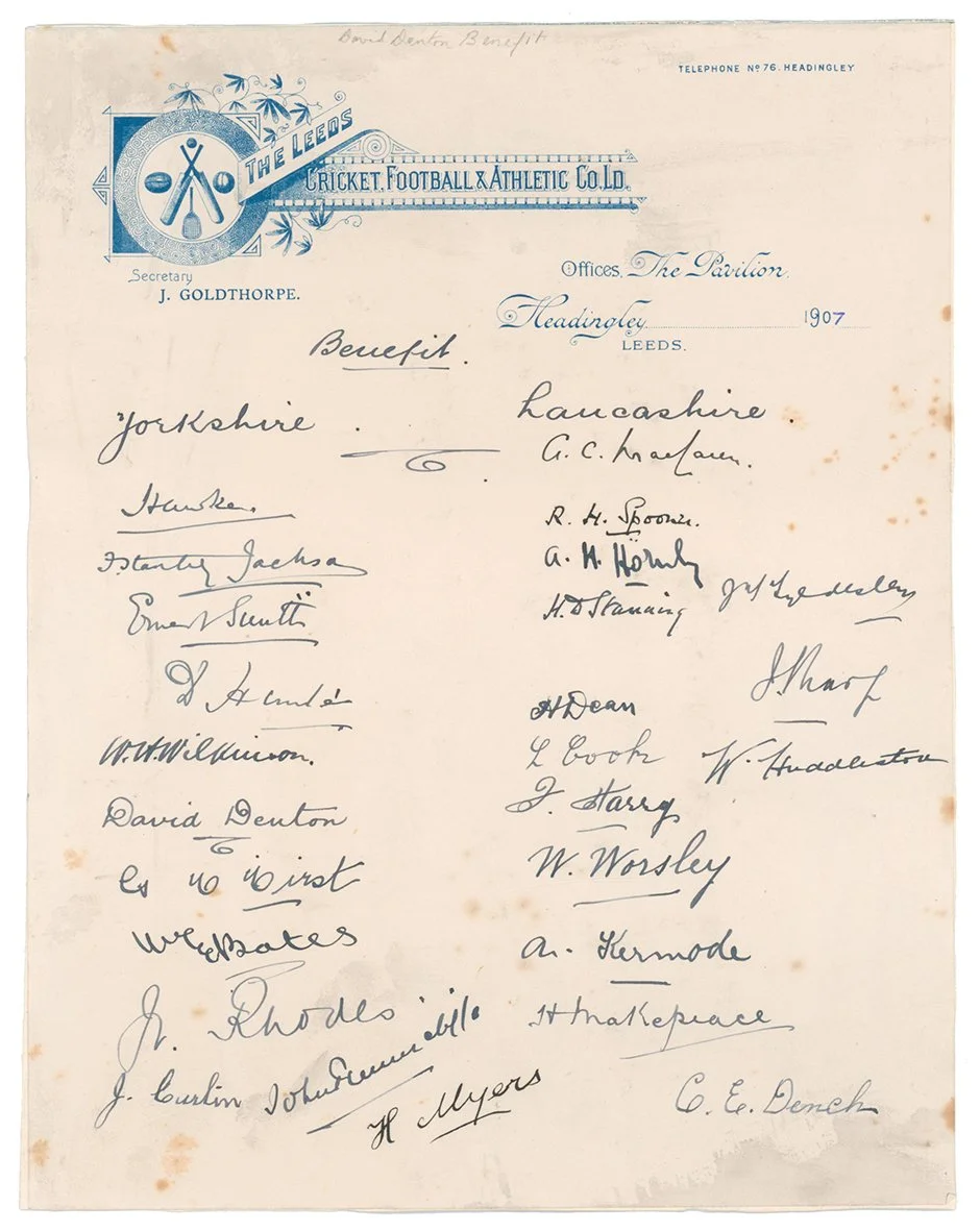 Lot 392

David Denton. Yorkshire & England 1894-1920. Denton's Benefit 1907. Page of 'The Leeds Cricket, Football & Athletic Club' official letterhead, dated 1907 with handwritten title 'Benefit', beautifully signed in black ink by the members of the