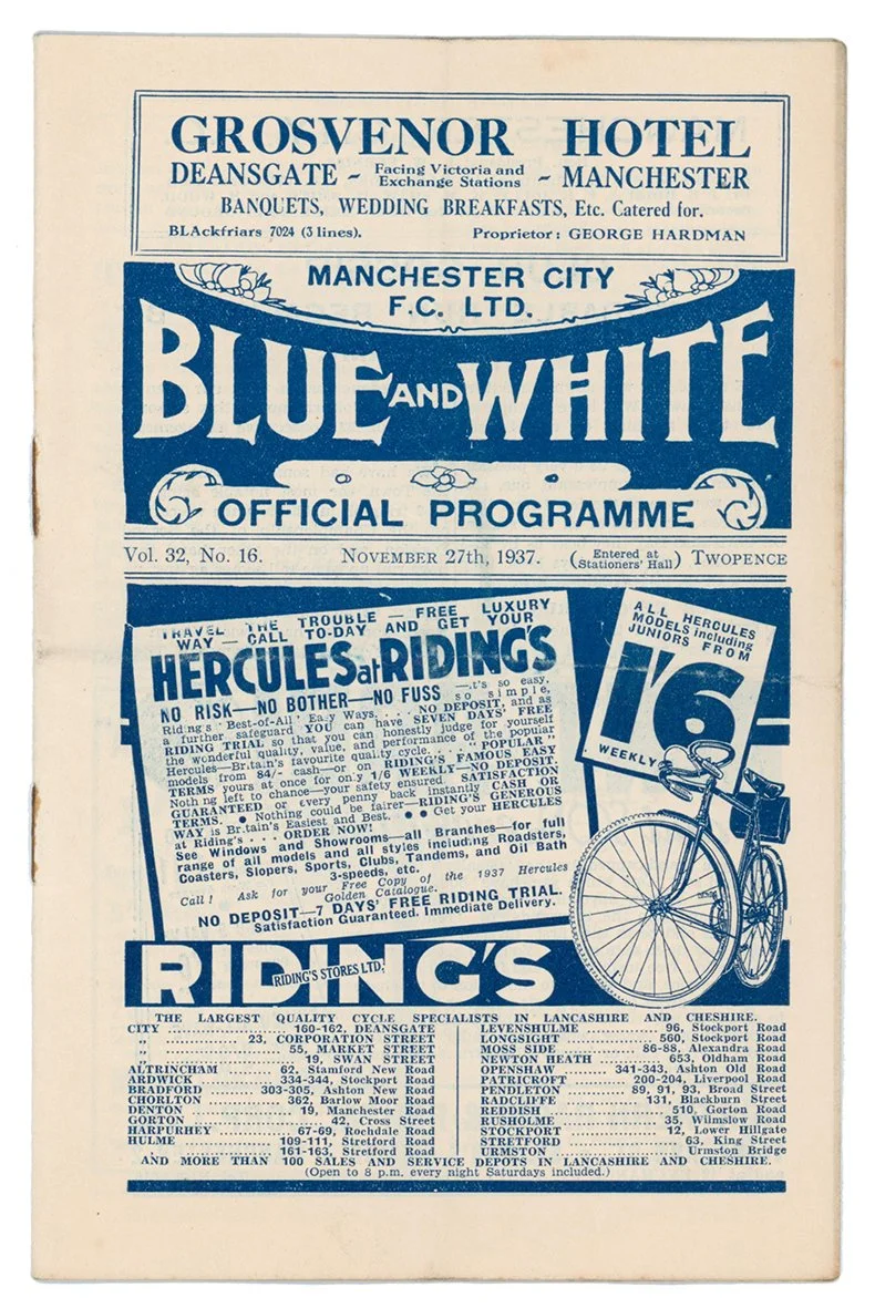 Lot 1575

Manchester City v Grimsby Town. Season 1937/38. League Division 1. Original official programme for the League match played at Maine Road on the 27th November 1937. Vol. 32 no. 16. Manchester City won 3-1. 

Estimate £70/100