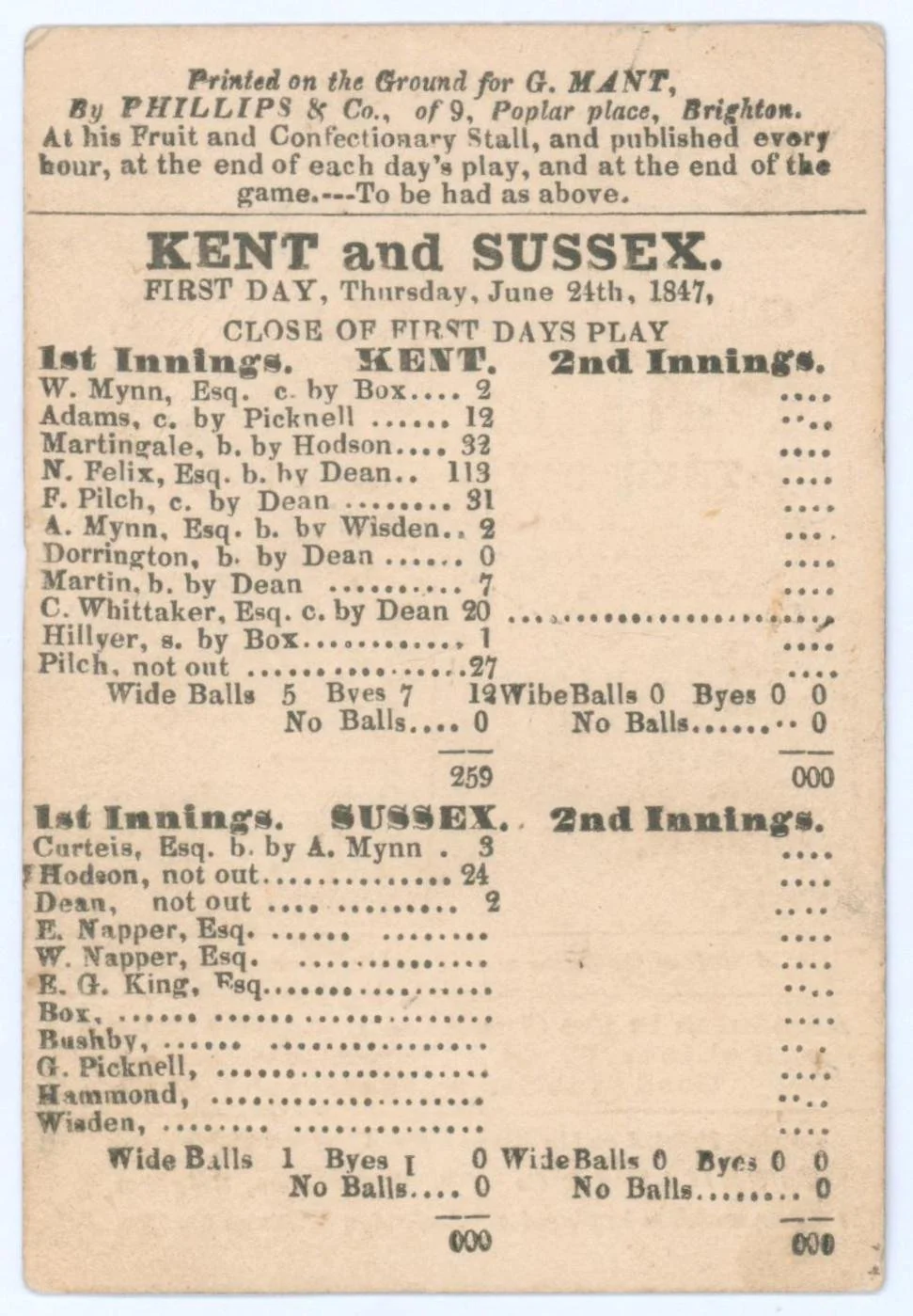 Lot 940
'Kent and Sussex' 1847. Early small original double sided scorecard showing the scores at the close of the first day's play in the match Sussex v Kent at the Royal New Ground, Brighton, 24th- 26th June 1847. Kent winning by an innings and ni