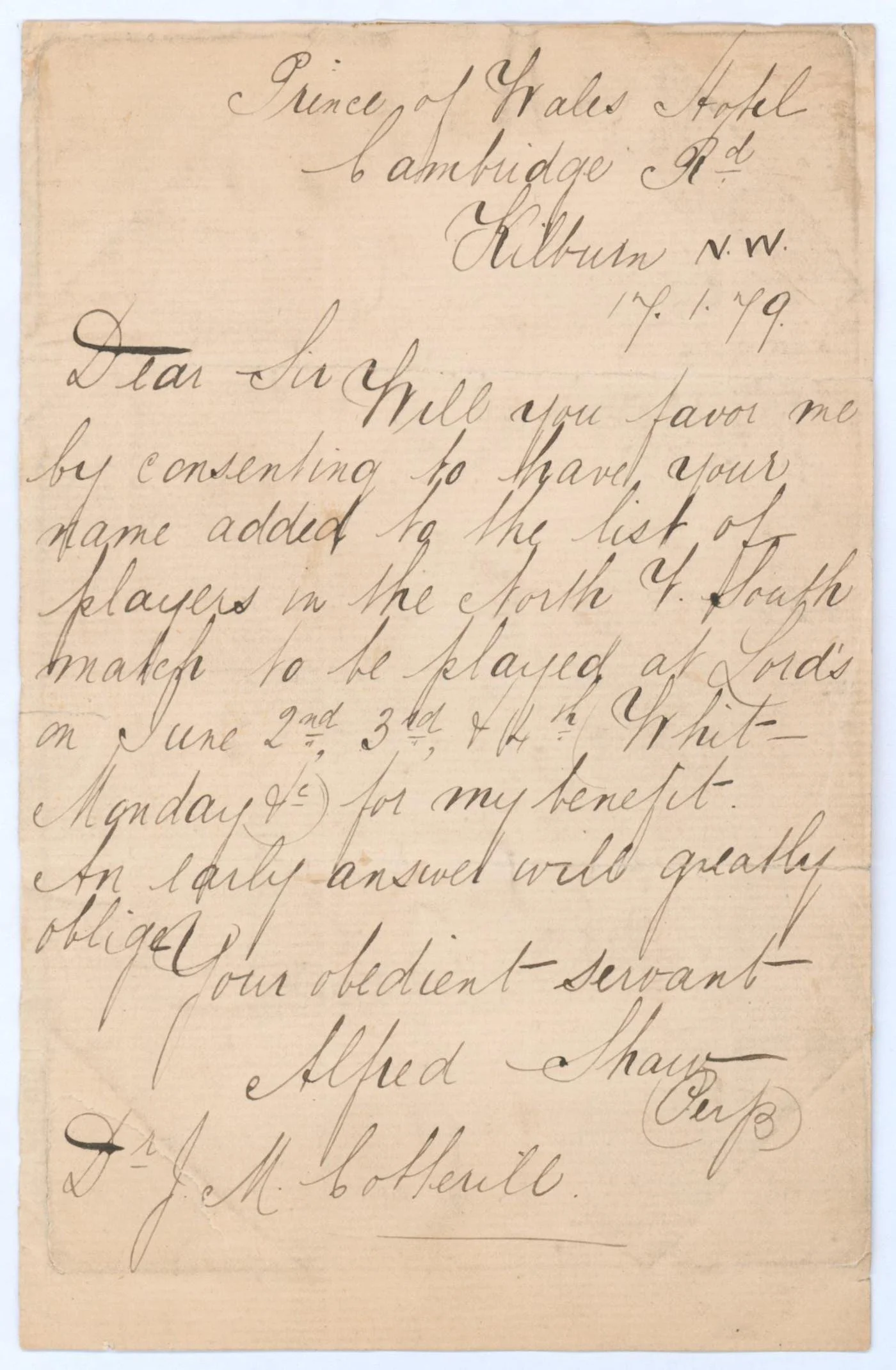 Lot 167
Alfred Shaw. Nottinghamshire, Sussex & England 1864-1897. Rare and early single page handwritten letter from Shaw to J.M. Cotterill (Sussex 1870-1888), dated 17th January 1879. Shaw is inviting Cotterill to play in his benefit match, 'Will y