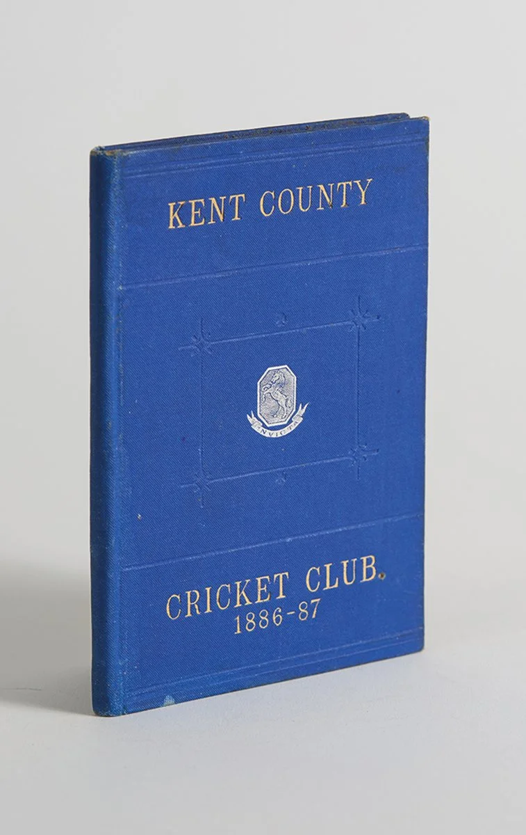 Lot 188
Kent County Cricket Club Annual 1886-1887. Hardback 'blue book'. Original decorative boards. Gilt titles with silver gilt Kent emblem to centre. Printed by J. Burgiss-Brown, Maidstone 1887. Good/very good condition. Rare tenth issue of the '