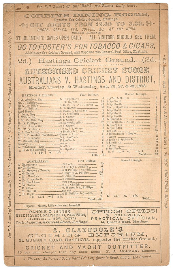 Lot 1353.
Australia inaugural tour to England 1878. 'Australians v. Hastings and District'. Early and rare official double sided scorecard for the tour match played at Central Recreation Ground, Hastings, 26th- 28th August 1878. From an excellent se