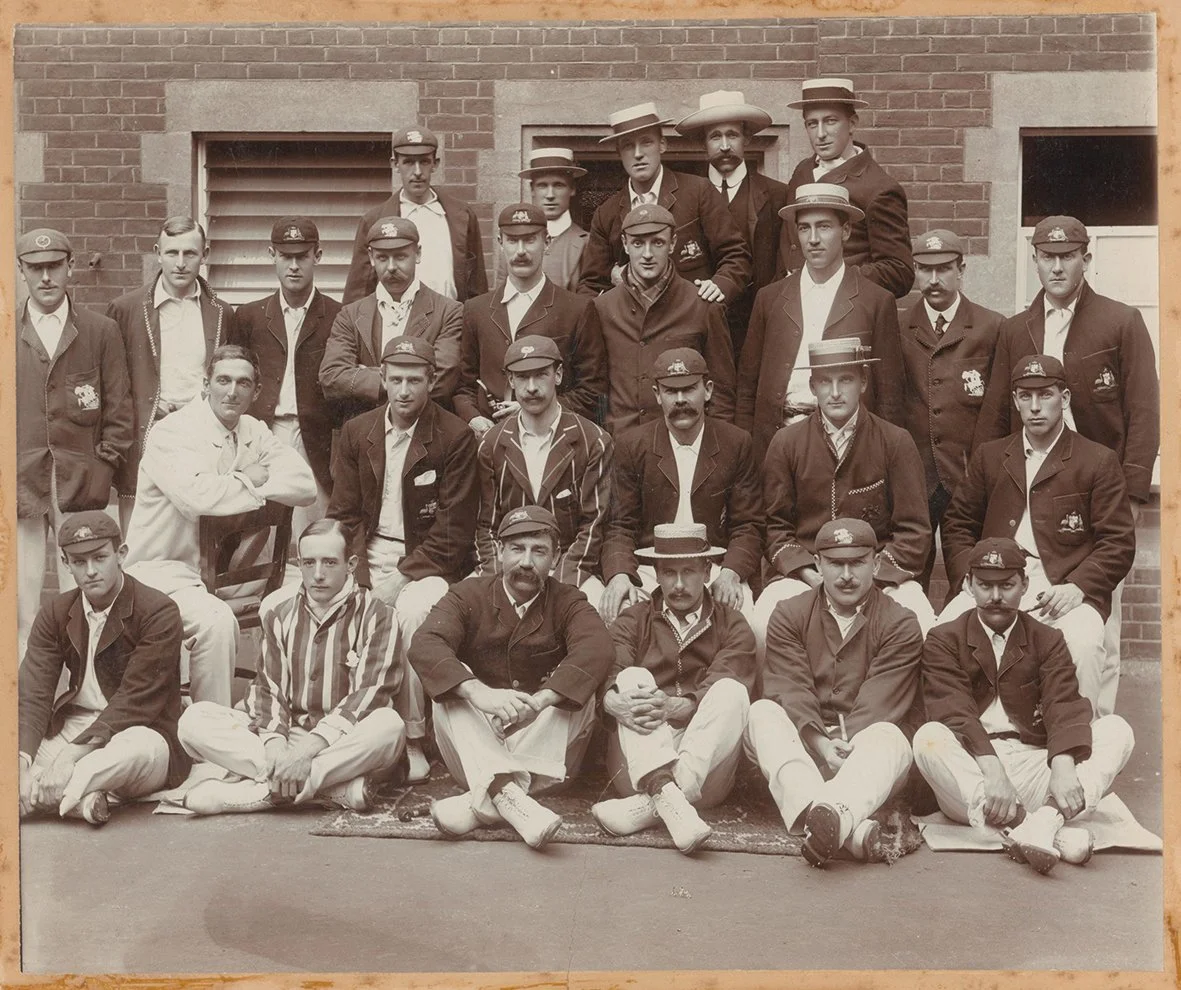 Lot 265

Australian tour of England 1905. 'England v Australia, 5th Test, The Oval 1905'. Excellent large sepia photograph of the two teams, standing and seated in rows, the majority wearing blazers, caps and boaters, with the two Captains, F.S. Jack