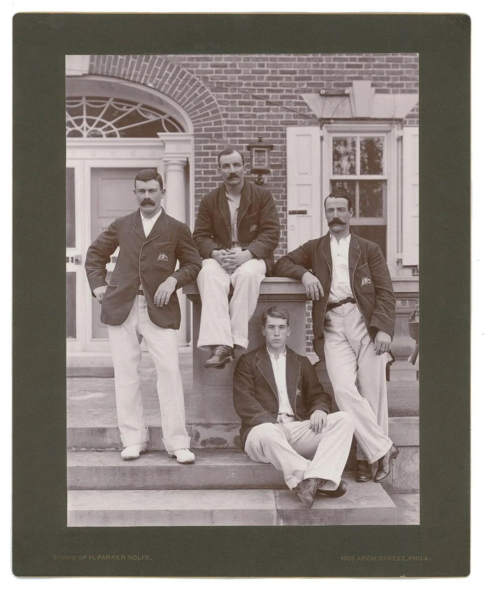 Lot 991

Australian tour to North America 1896. Rare and early original mono photograph of the quartet of South Australian members of the touring party, Joe Darling, George Giffen, Clem Hill and Ernest Jones. The players standing and seated on the pa