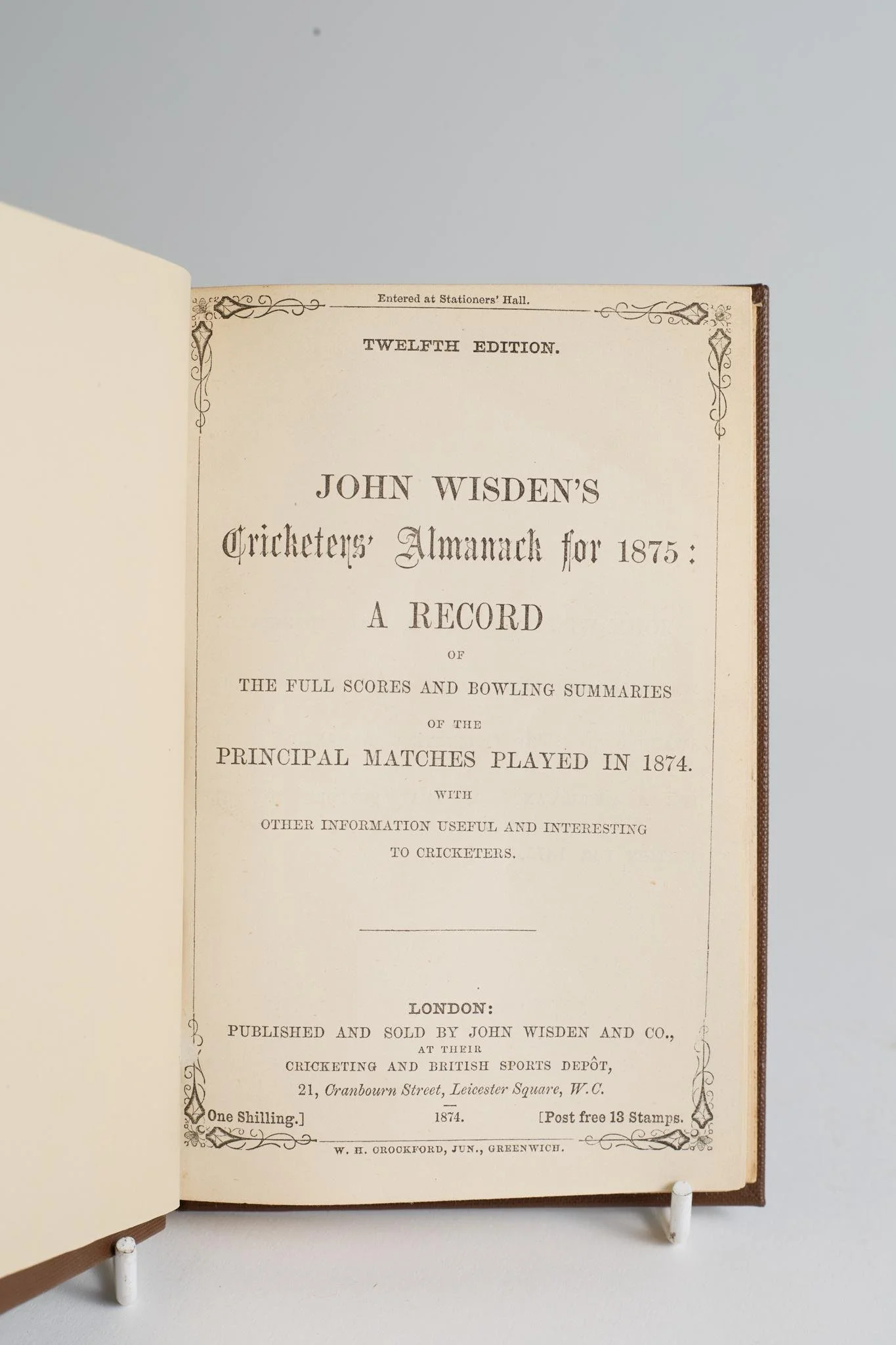 Lot 1095
Wisden Cricketers' Almanack 1875. 12th edition. Bound in brown boards, lacking original paper wrappers, with title and date in gilt to spine, Gilt to top edge. Probably the rarest Wisden edition.
Estimate £18000/25000