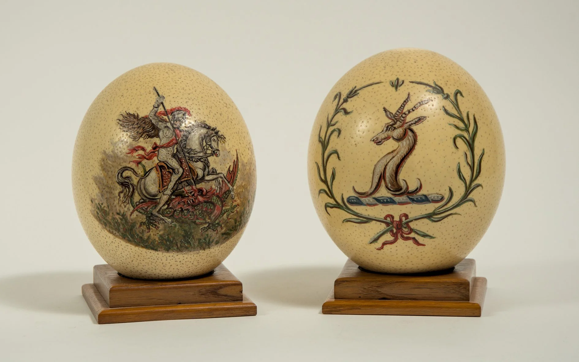 Lot 658

George Benjamin Street, Sussex & England 1909-1923. A pair of hand-decorated ostrich eggs, one decorated with the M.C.C. emblem of St. George and the dragon and the other with the South African emblem of the Springbok. The eggs were presente
