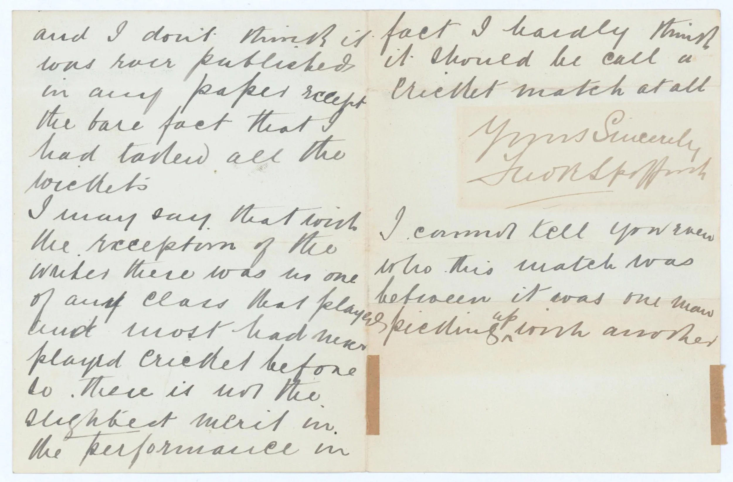 Lot 132
Frederick Robert Spofforth. New South Wales, Victoria & Australia 1874-1888. Excellent three page handwritten folding letter dated 29th September 1904 from Spofforth to F.S. Ashley-Cooper. Writing from an address in London, Spofforth is repl