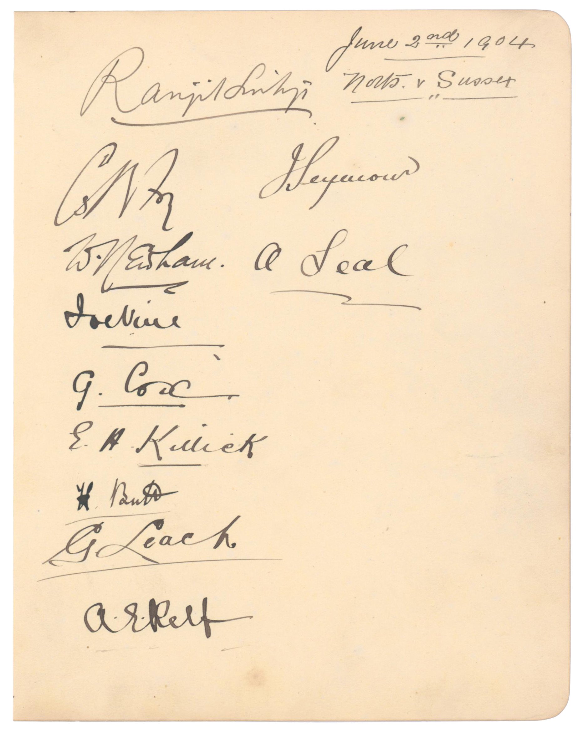 Lot 564

Sussex C.C.C. 1904. Large album page beautifully signed in black ink by the eleven members of the Sussex team who played Nottinghamshire at Trent Bridge 2nd- 4th June 1904. The signatures, collected by the Nottinghamshire groundsman, include