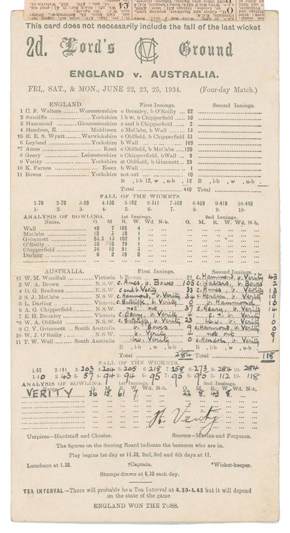 Lot 785

The Ashes. England v Australia 1934. 'Verity's Match'. Official scorecard for the 2nd Test played at Lord's, 22nd- 25th June 1934. The scorecard with complete printed and neatly handwritten scores in pencil. England scored 440 in their only 